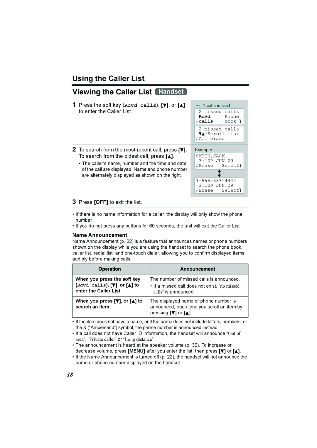 Panasonic KX-TG2386 Using the Caller List Viewing the Caller List Handset, Press the soft key Rcvd calls, d , or B 