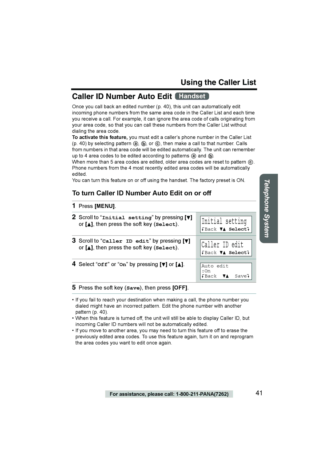 Panasonic KX-TG2386 Using the Caller List Caller ID Number Auto Edit Handset, To turn Caller ID Number Auto Edit on or off 