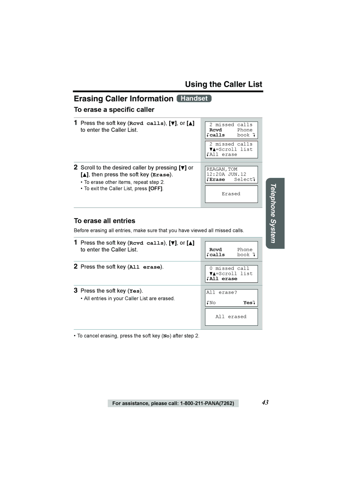 Panasonic KX-TG2386 Using the Caller List Erasing Caller Information Handset, To erase a specific caller 