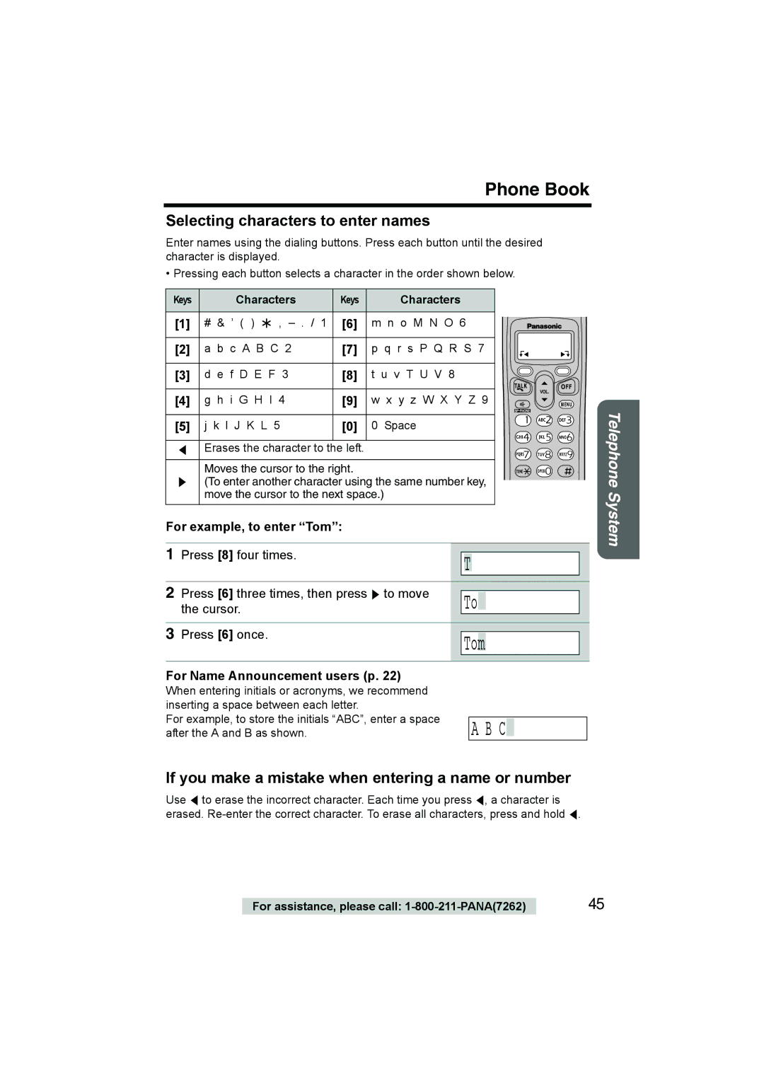 Panasonic KX-TG2386 Phone Book, Selecting characters to enter names, If you make a mistake when entering a name or number 