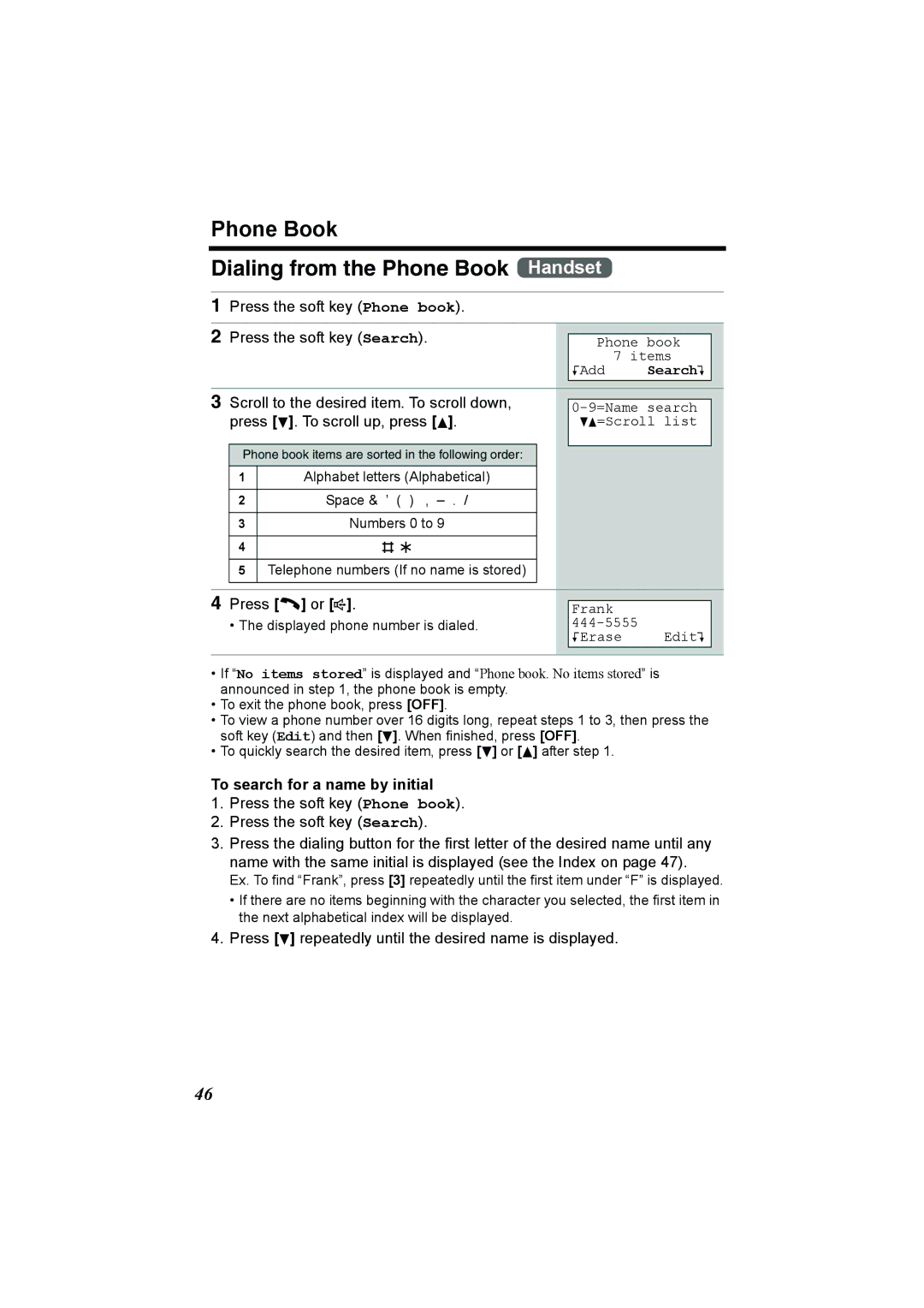 Panasonic KX-TG2386 operating instructions Phone Book Dialing from the Phone Book Handset, To search for a name by initial 