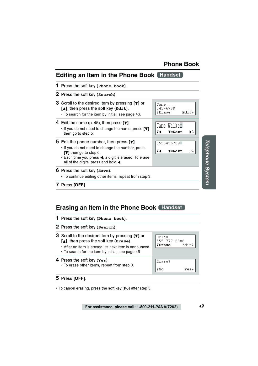 Panasonic KX-TG2386 Phone Book Editing an Item in the Phone Book Handset, Erasing an Item in the Phone Book Handset 