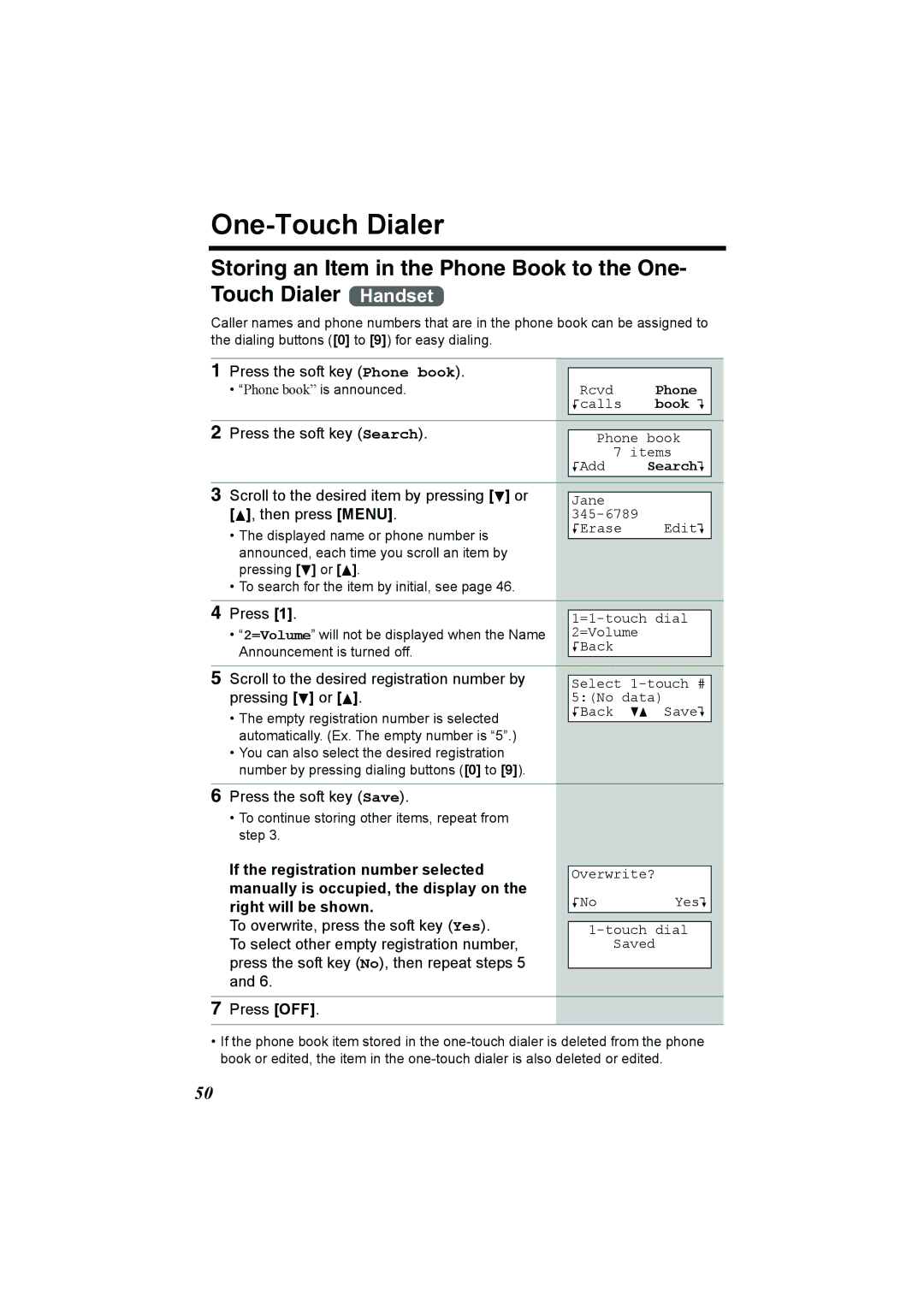 Panasonic KX-TG2386 One-Touch Dialer, If the registration number selected, Manually is occupied, the display on 