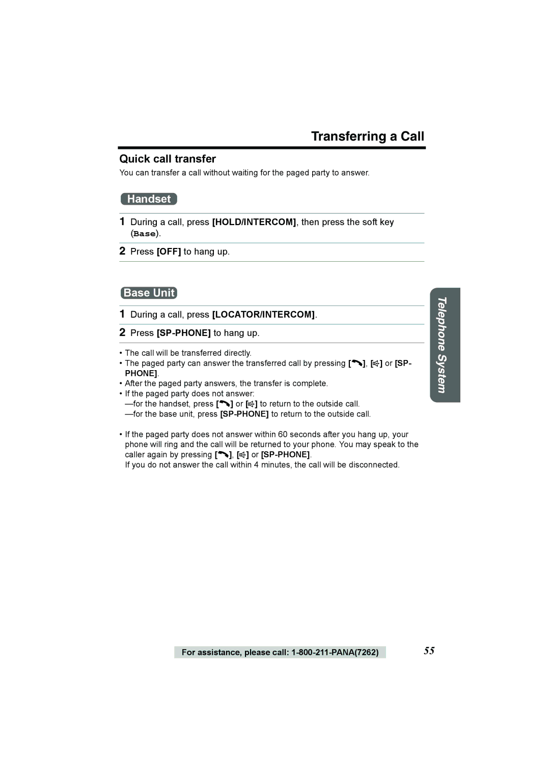 Panasonic KX-TG2386 operating instructions Transferring a Call, Quick call transfer 