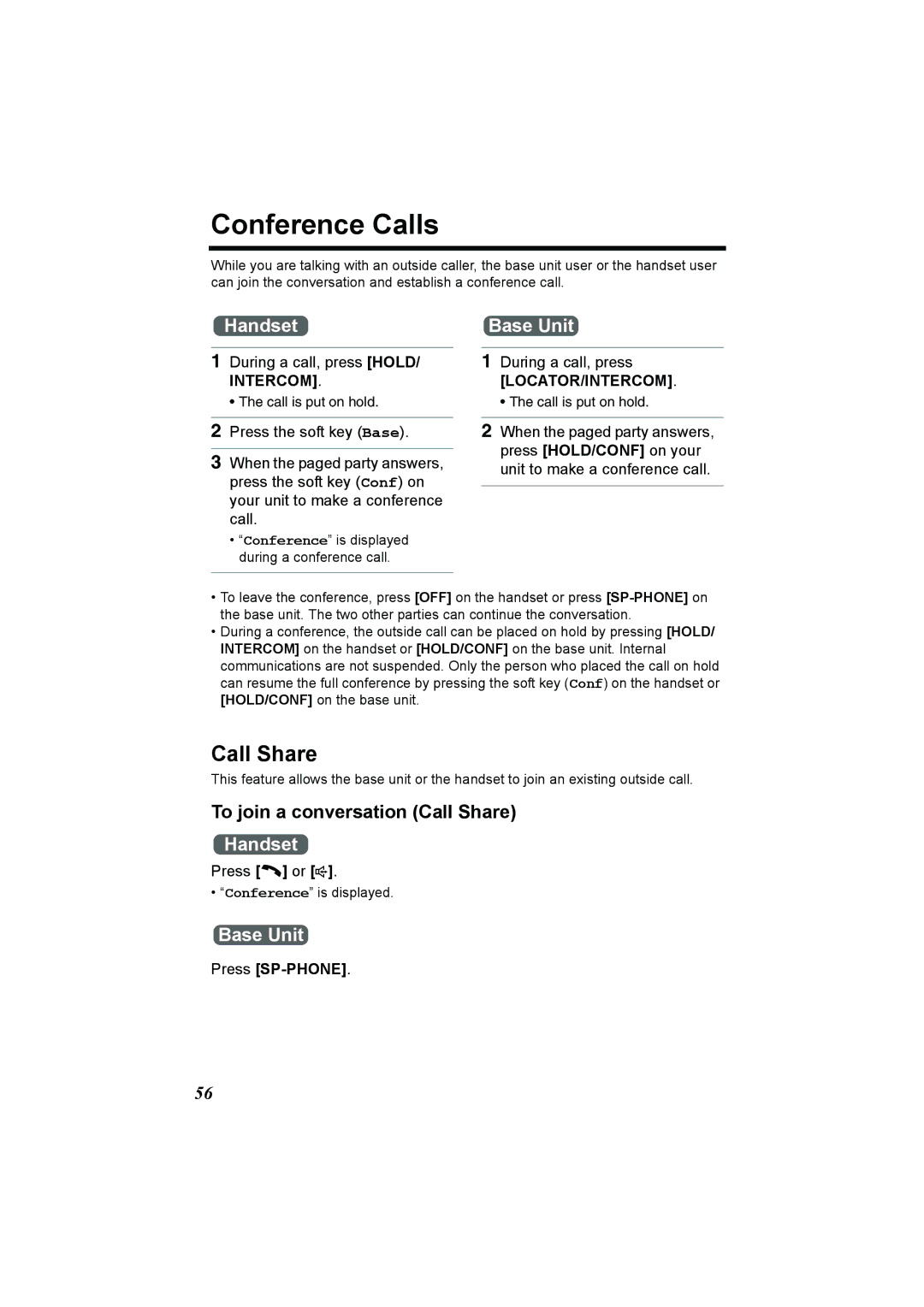 Panasonic KX-TG2386 Conference Calls, To join a conversation Call Share, During a call, press HOLD/ Intercom 