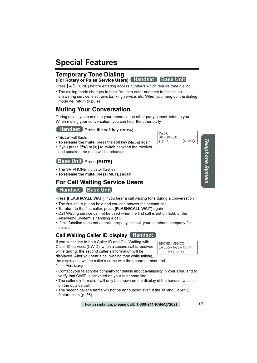 Panasonic KX-TG2386 Special Features, Temporary Tone Dialing, Muting Your Conversation, For Call Waiting Service Users 