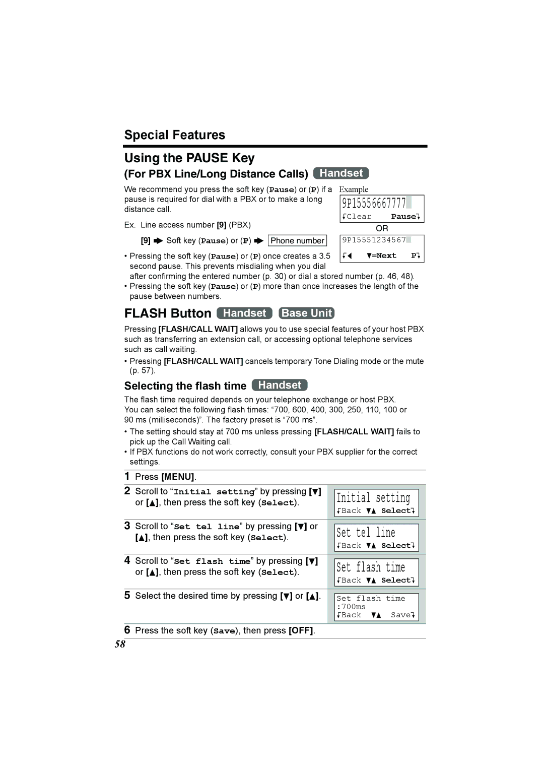 Panasonic KX-TG2386 Special Features Using the Pause Key, Selecting the flash time Handset, Set flash time 