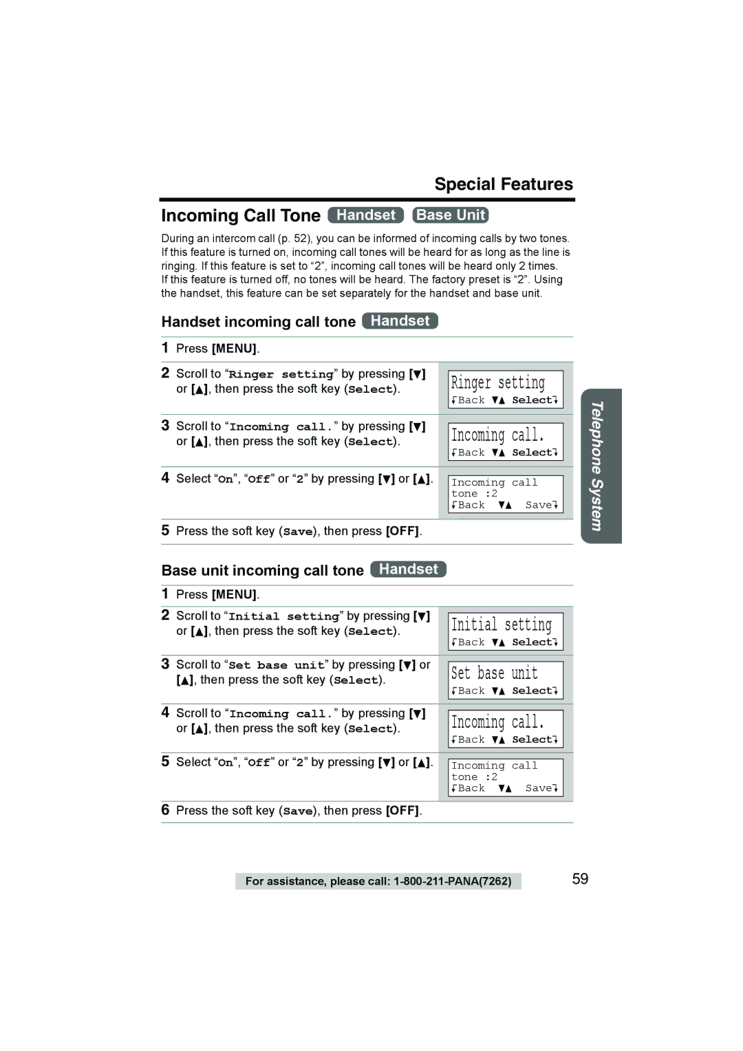 Panasonic KX-TG2386 Special Features Incoming Call Tone Handset Base Unit, Handset incoming call tone Handset 