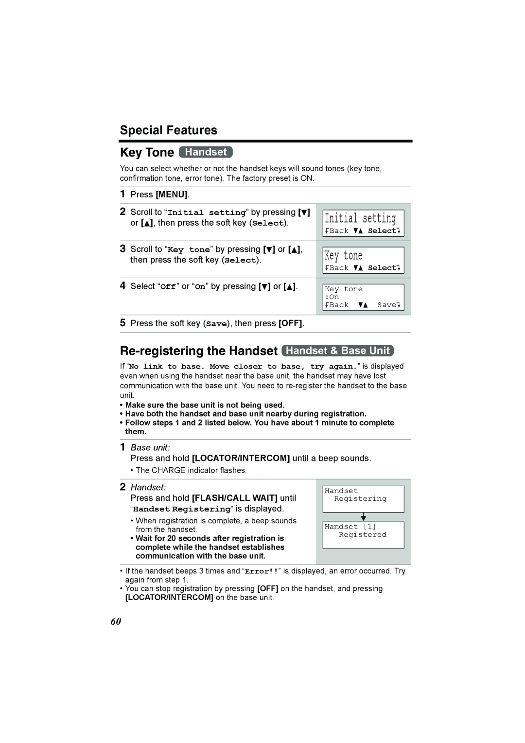 Panasonic KX-TG2386 Special Features Key Tone Handset, Re-registering the Handset Handset & Base Unit 