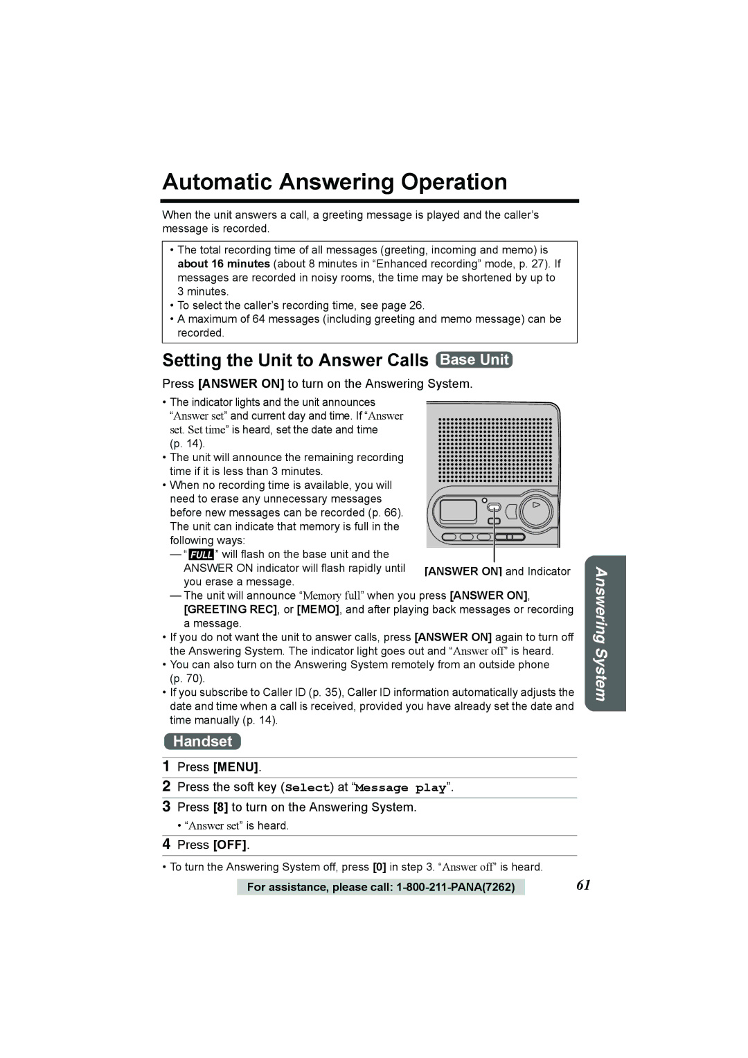 Panasonic KX-TG2386 operating instructions Automatic Answering Operation, Setting the Unit to Answer Calls Base Unit 