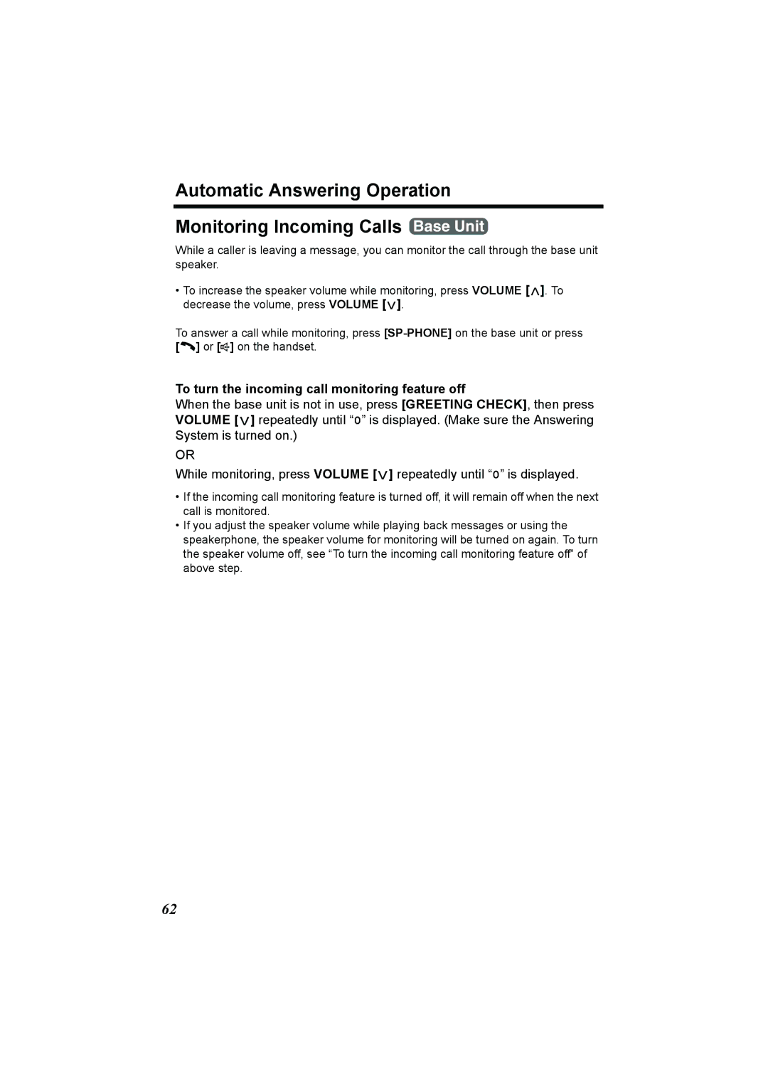 Panasonic KX-TG2386 operating instructions To turn the incoming call monitoring feature off 