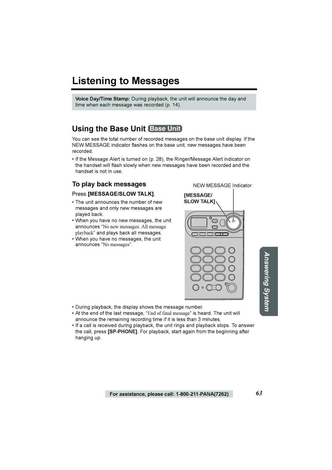 Panasonic KX-TG2386 operating instructions Listening to Messages, To play back messages, Press MESSAGE/SLOW Talk 