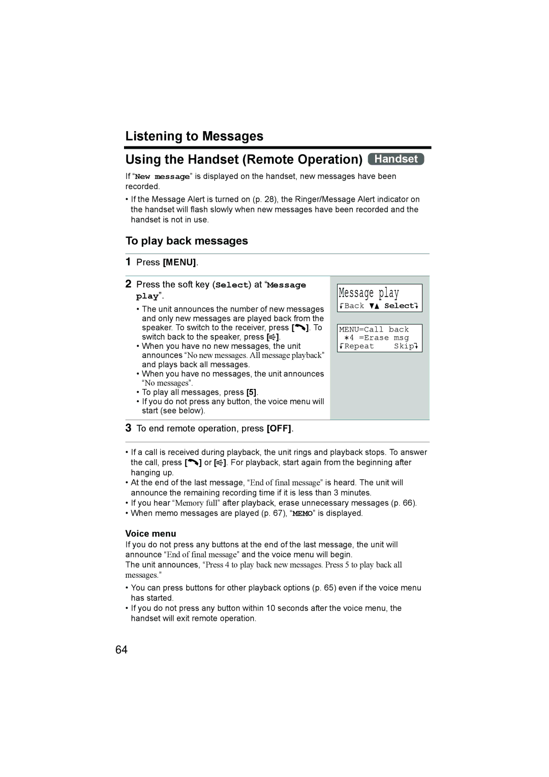 Panasonic KX-TG2386 Press Menu Press the soft key Select at Message play, To end remote operation, press OFF, Voice menu 