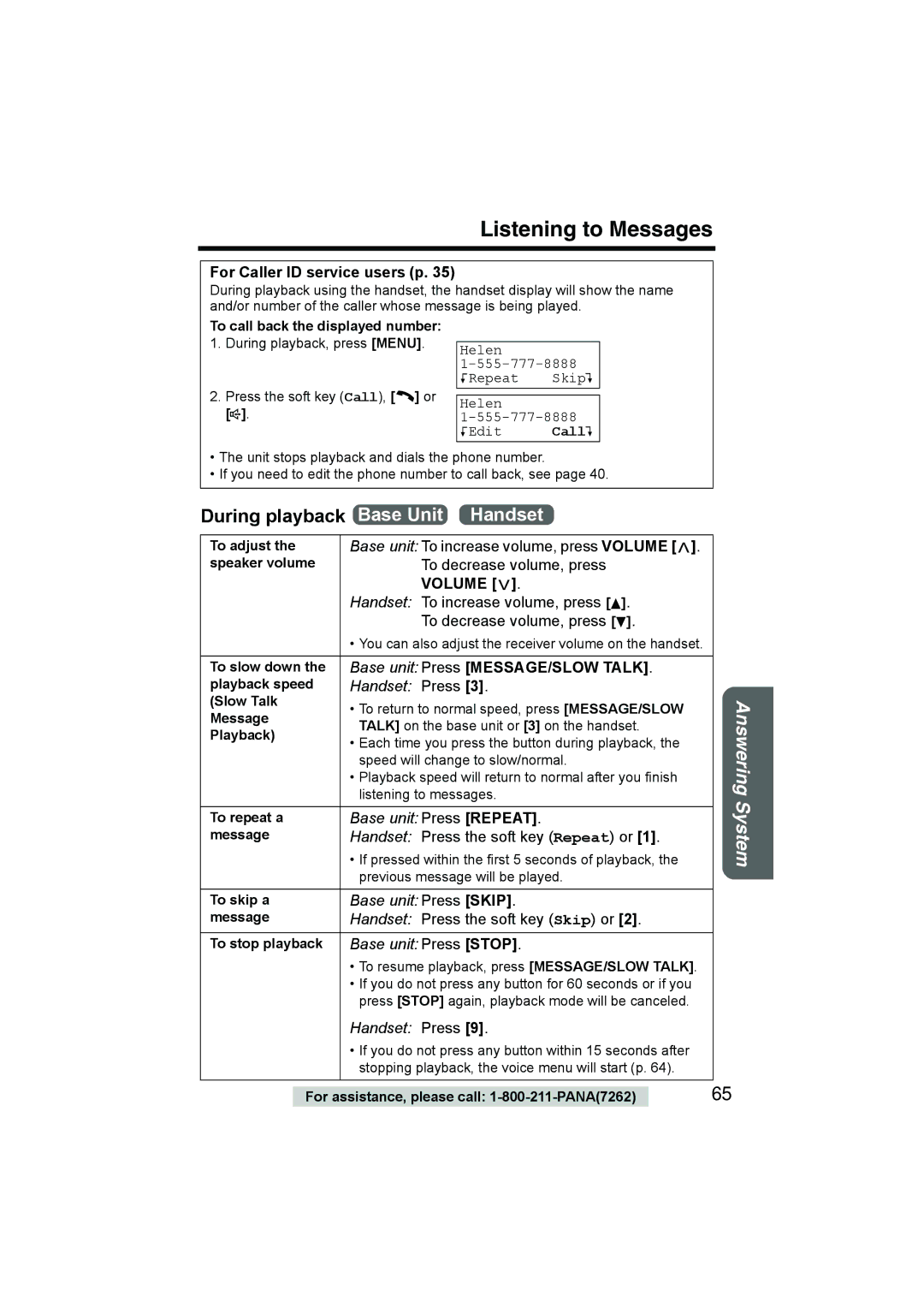 Panasonic KX-TG2386 operating instructions Listening to Messages, To call back the displayed number 