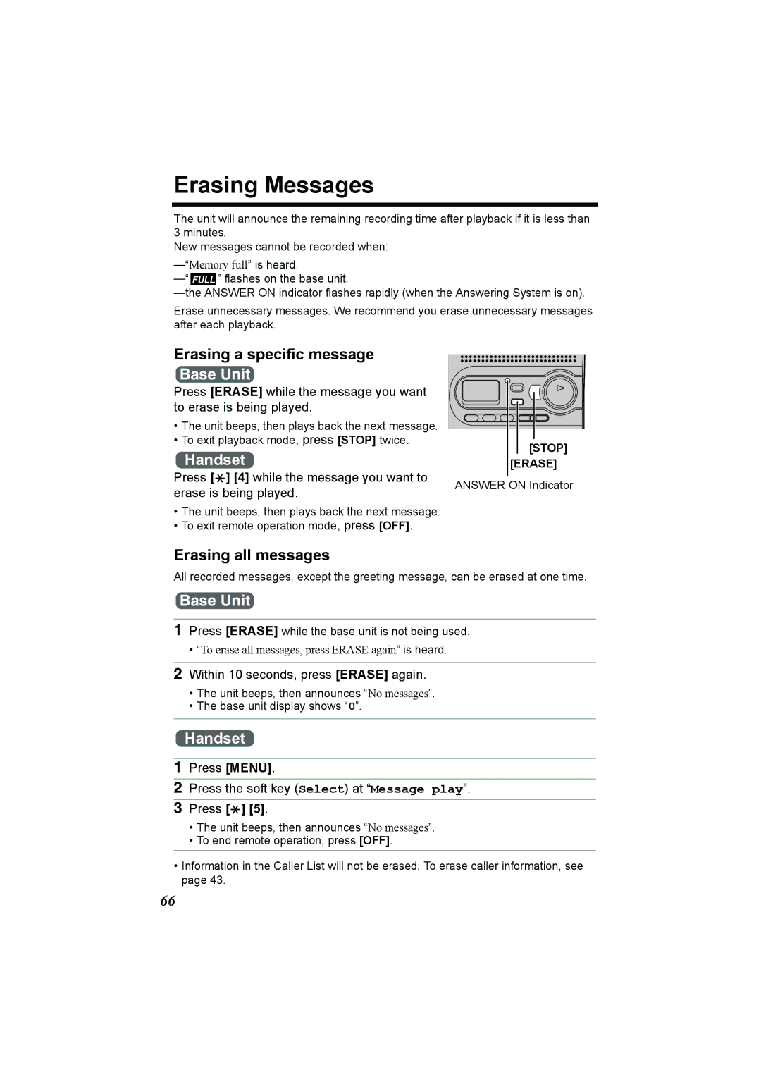 Panasonic KX-TG2386 operating instructions Erasing Messages, Erasing a specific message, Erasing all messages 