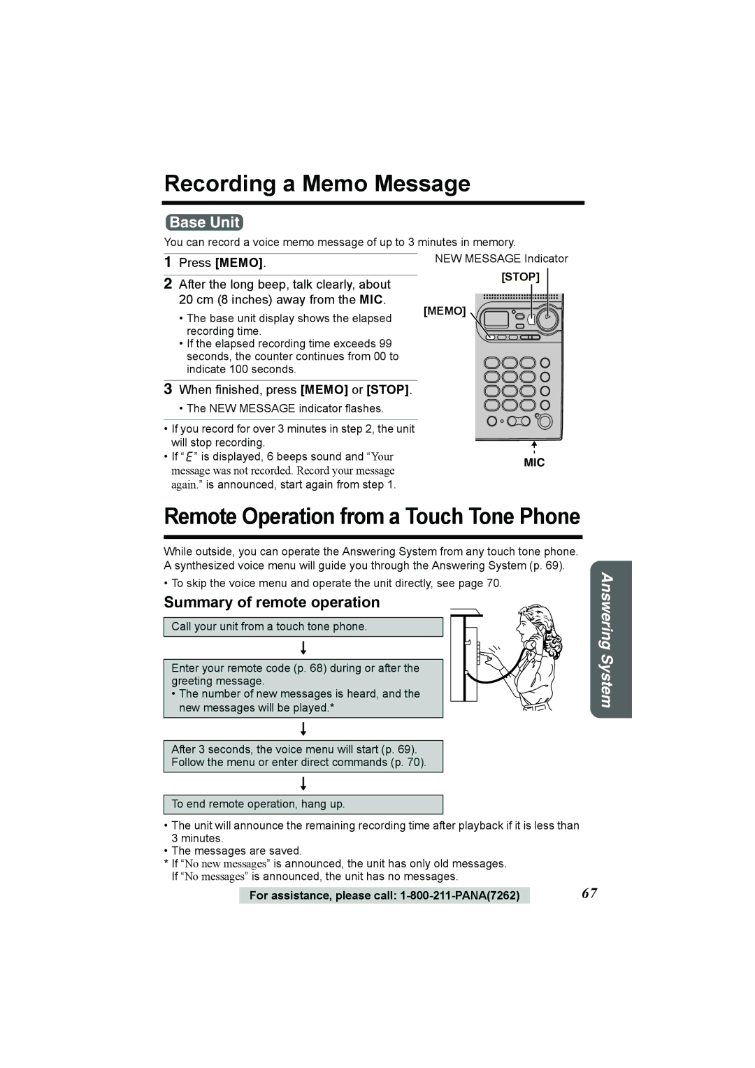 Panasonic KX-TG2386 Recording a Memo Message, Summary of remote operation, When finished, press Memo or Stop 