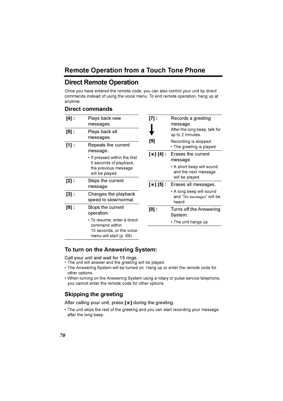 Panasonic KX-TG2386 operating instructions Direct commands, To turn on the Answering System, Skipping the greeting 