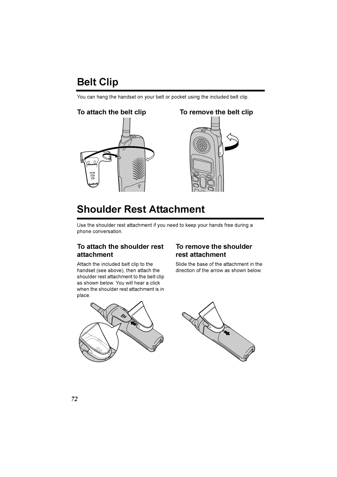 Panasonic KX-TG2386 Belt Clip, Shoulder Rest Attachment, To attach the belt clip To remove the belt clip 