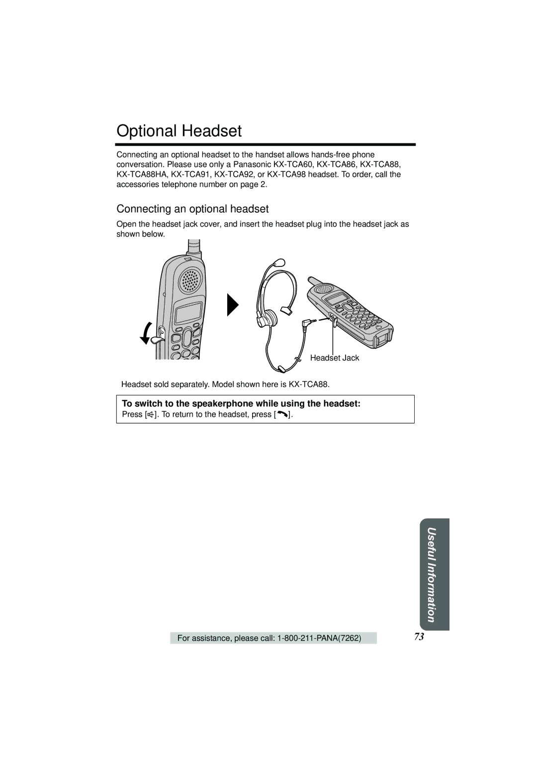 Panasonic KX-TG2386 operating instructions Optional Headset, Connecting an optional headset 