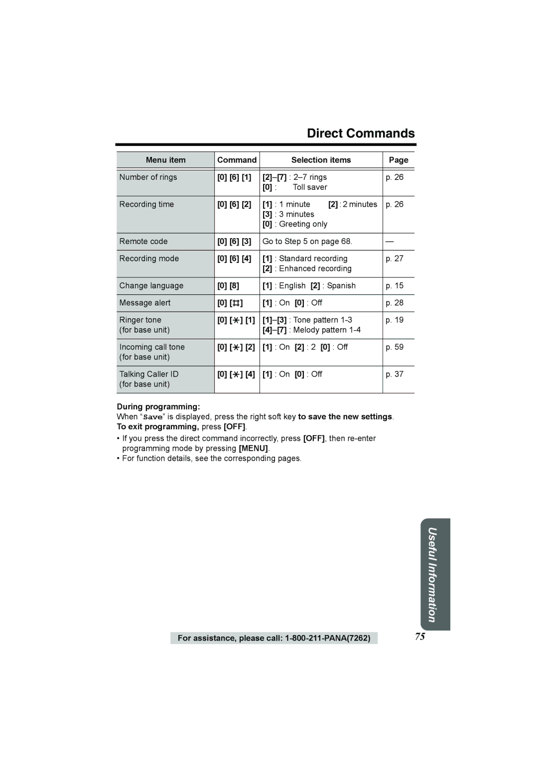 Panasonic KX-TG2386 operating instructions Direct Commands, During programming 