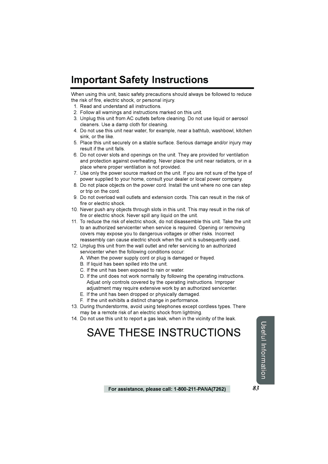 Panasonic KX-TG2386 operating instructions Important Safety Instructions 