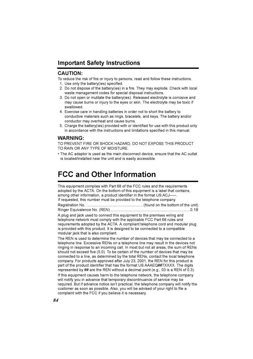 Panasonic KX-TG2386 operating instructions FCC and Other Information, Important Safety Instructions 