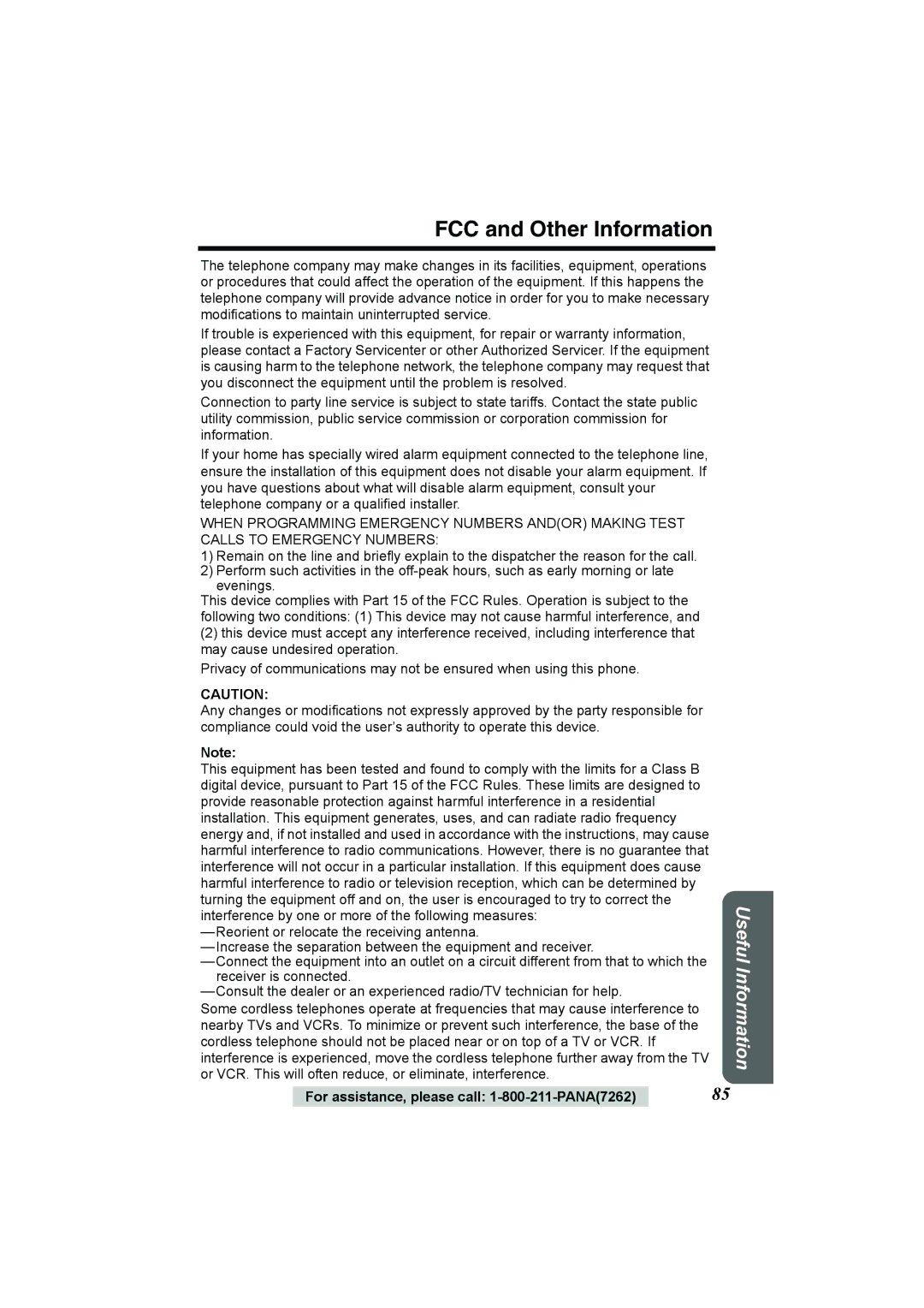 Panasonic KX-TG2386 operating instructions FCC and Other Information 