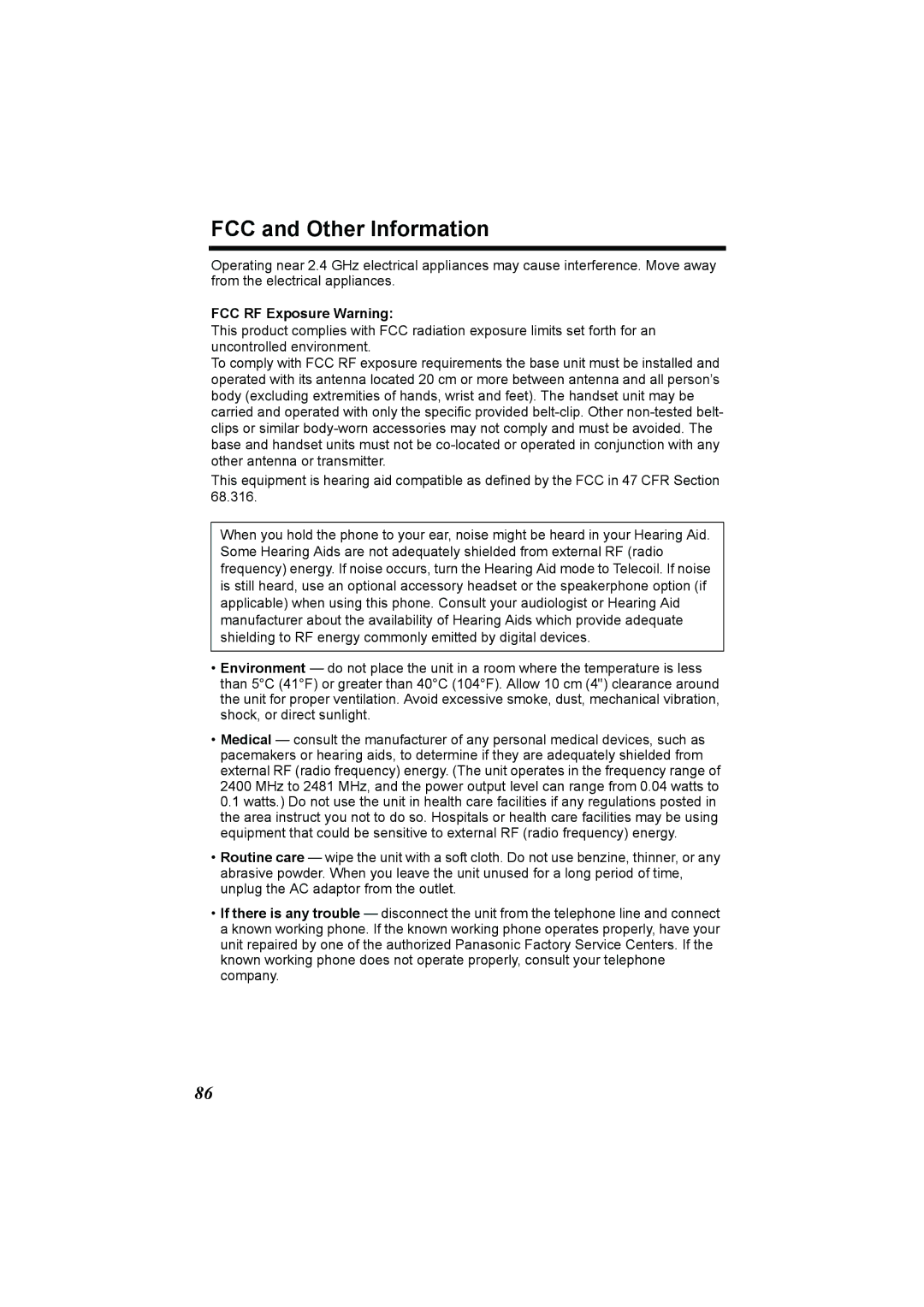 Panasonic KX-TG2386 operating instructions FCC and Other Information, FCC RF Exposure Warning 