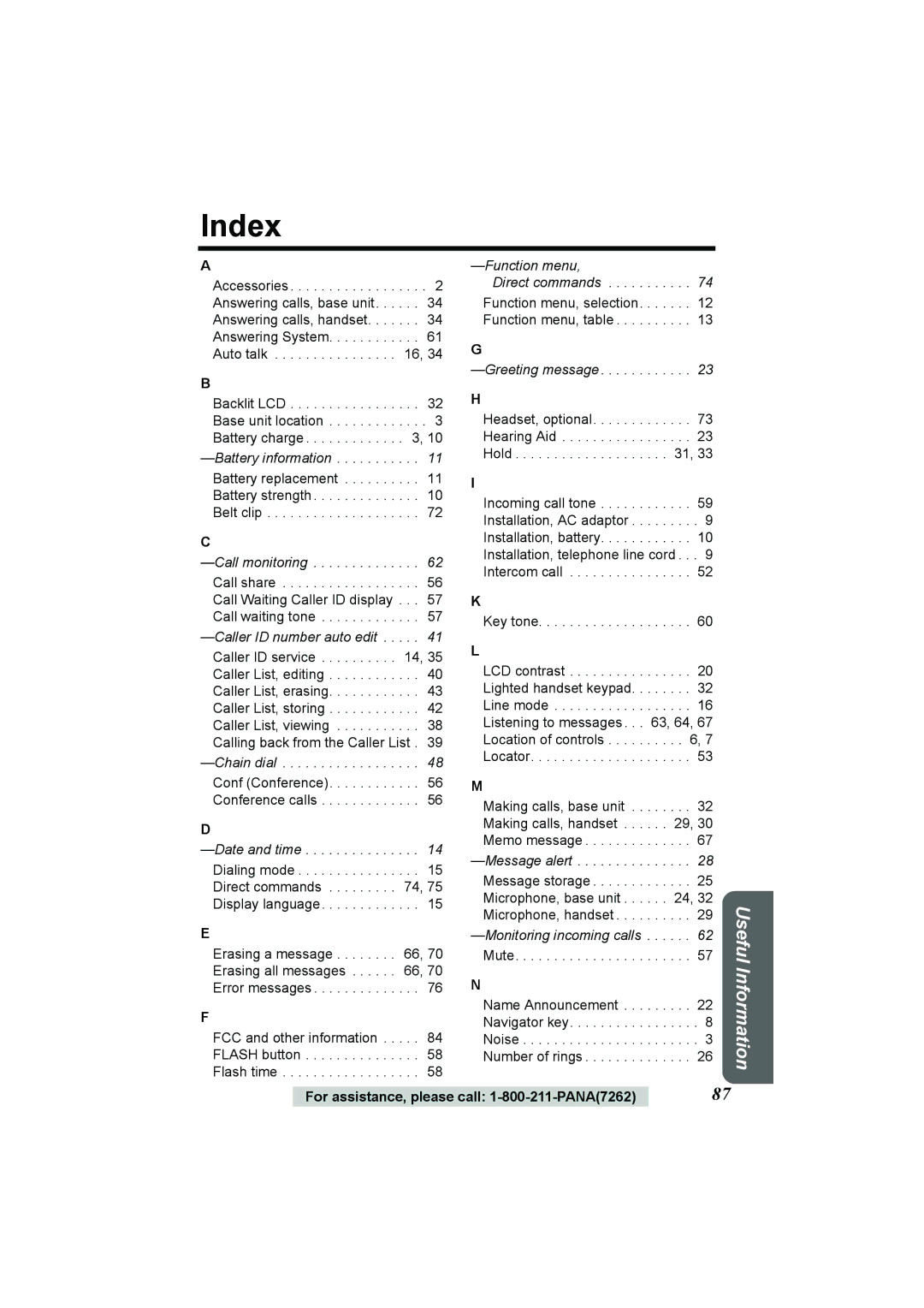 Panasonic KX-TG2386 operating instructions Index 