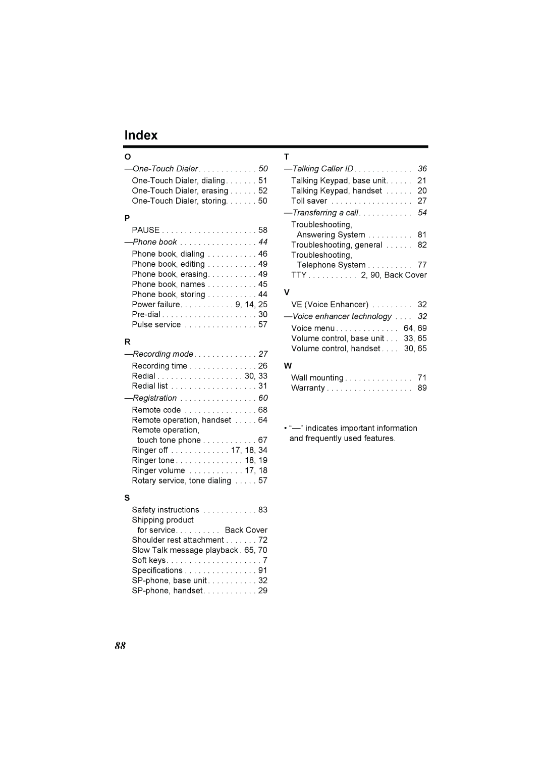 Panasonic KX-TG2386 operating instructions Index, Phone book 