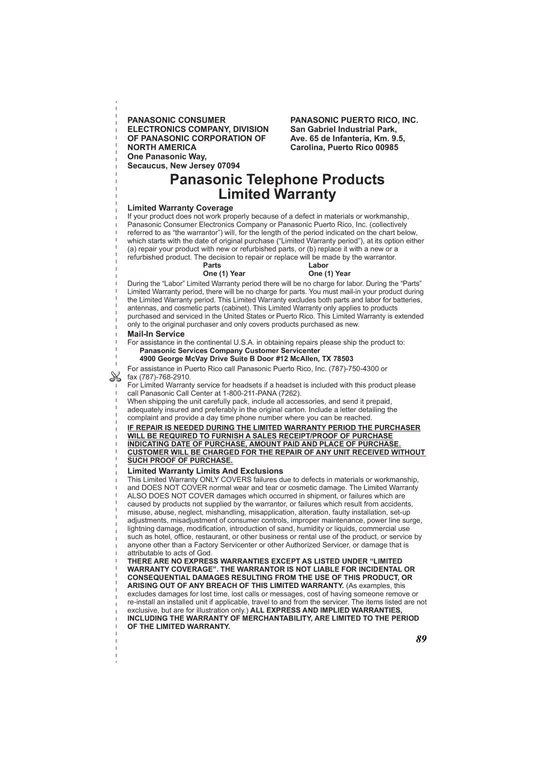 Panasonic KX-TG2386 San Gabriel Industrial Park, Ave de Infantería, Km, Carolina, Puerto Rico, Limited Warranty Coverage 