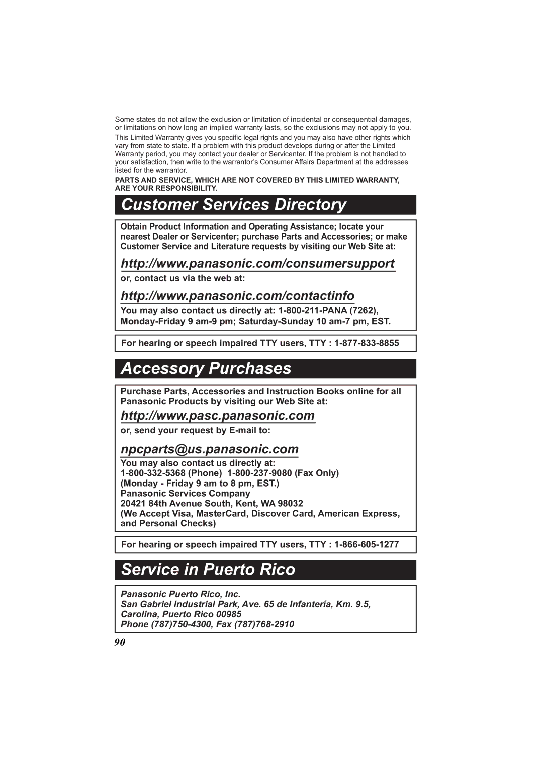 Panasonic KX-TG2386 operating instructions Customer Services Directory 