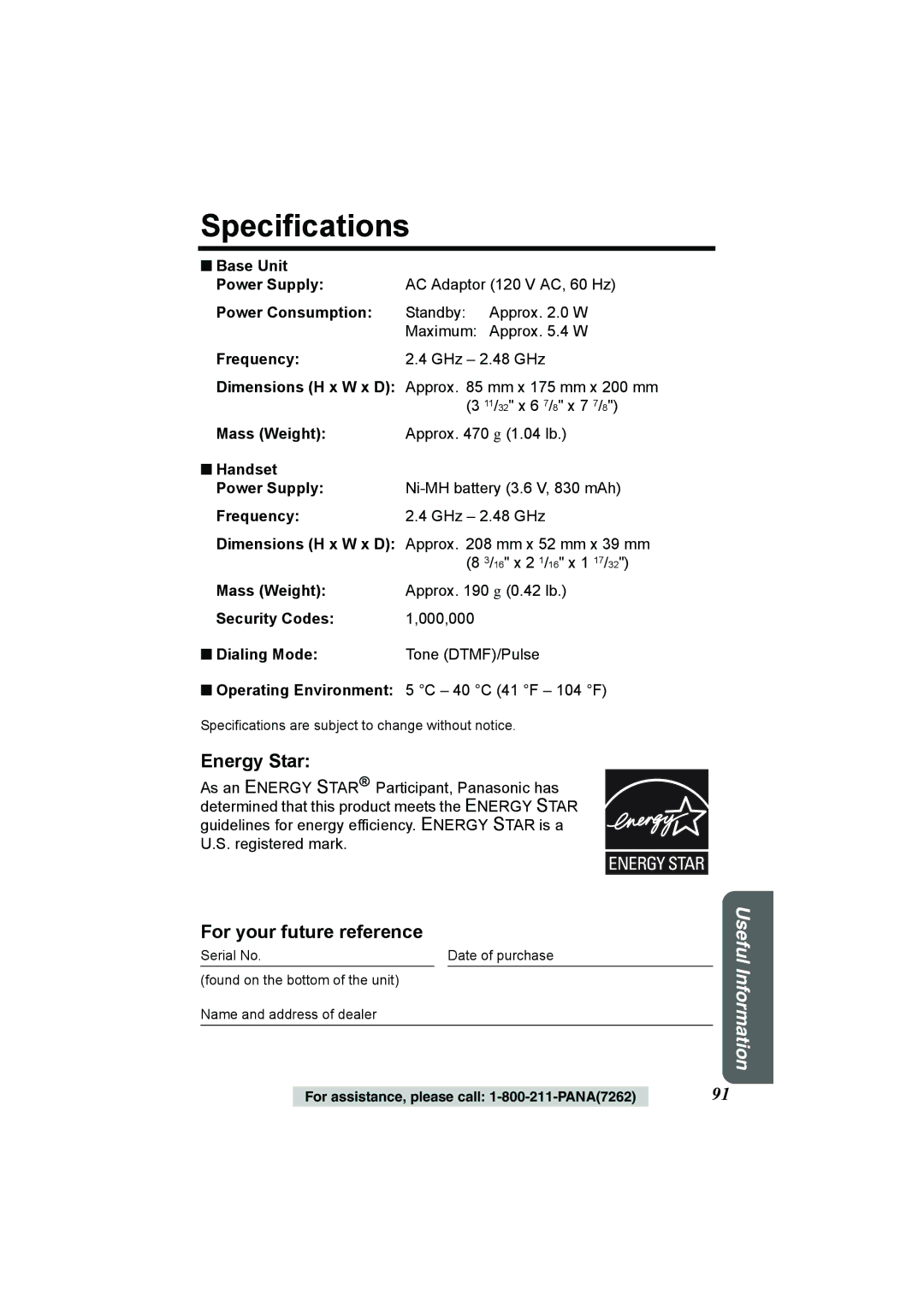 Panasonic KX-TG2386 operating instructions Energy Star, For your future reference 