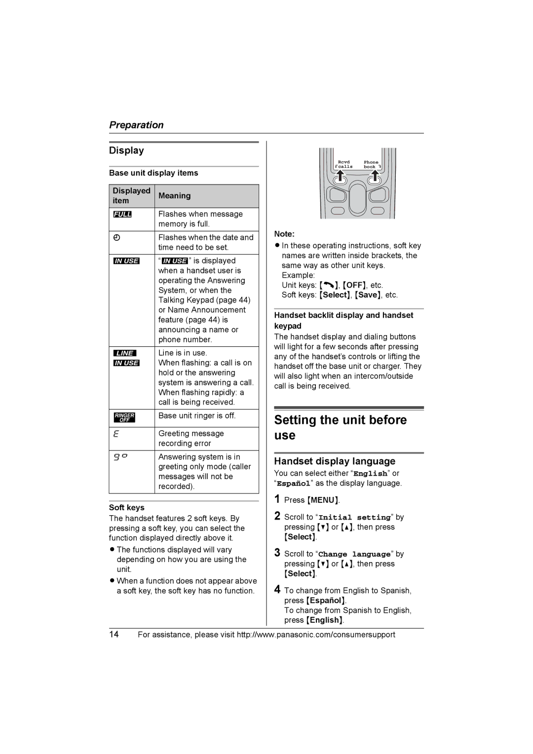 Panasonic KX-TG2388 operating instructions Setting the unit before use, Display, Handset display language 