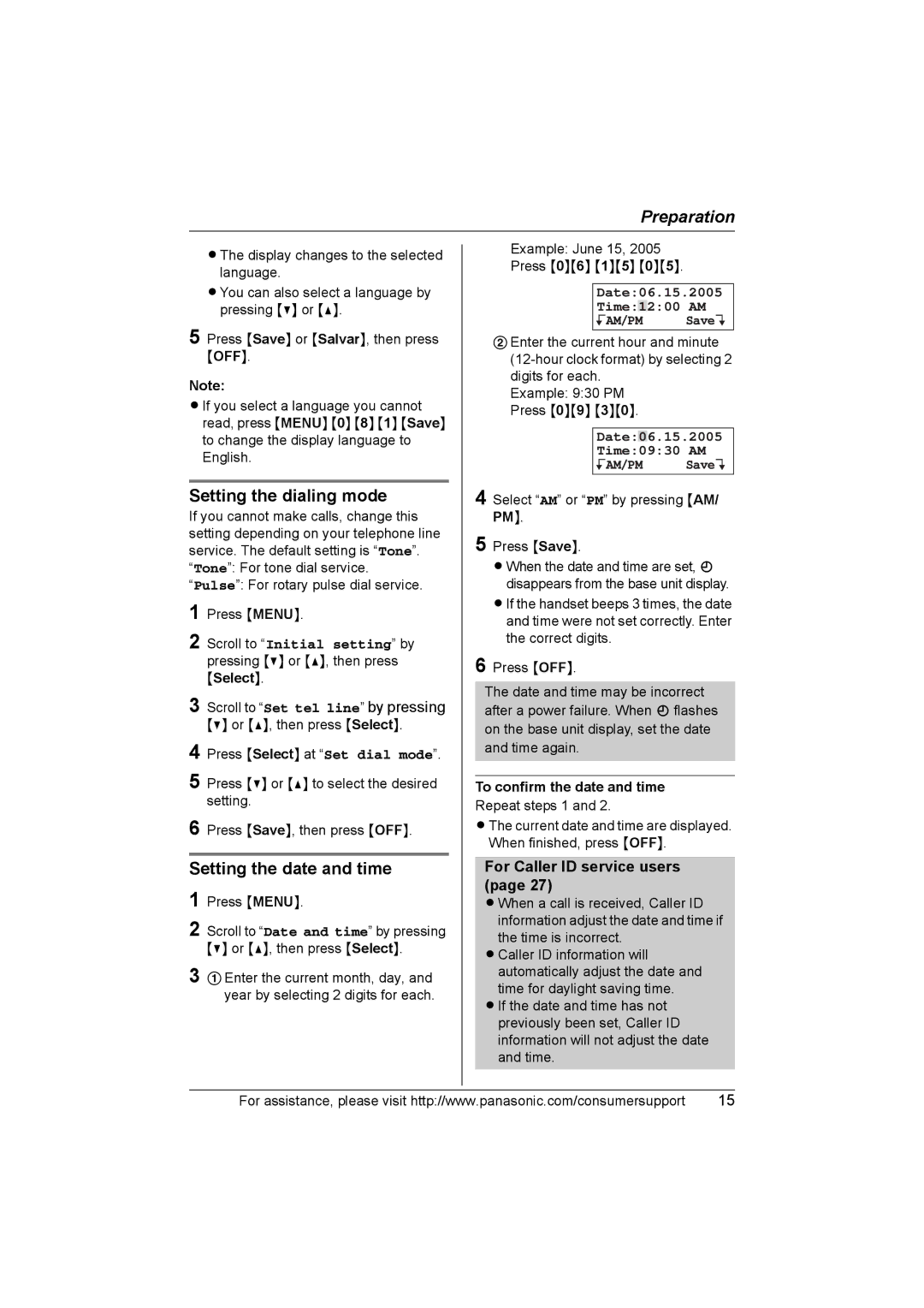 Panasonic KX-TG2388 Setting the dialing mode, Setting the date and time, Date06.15.2005 Time1200 AM KAM/PM SaveL 