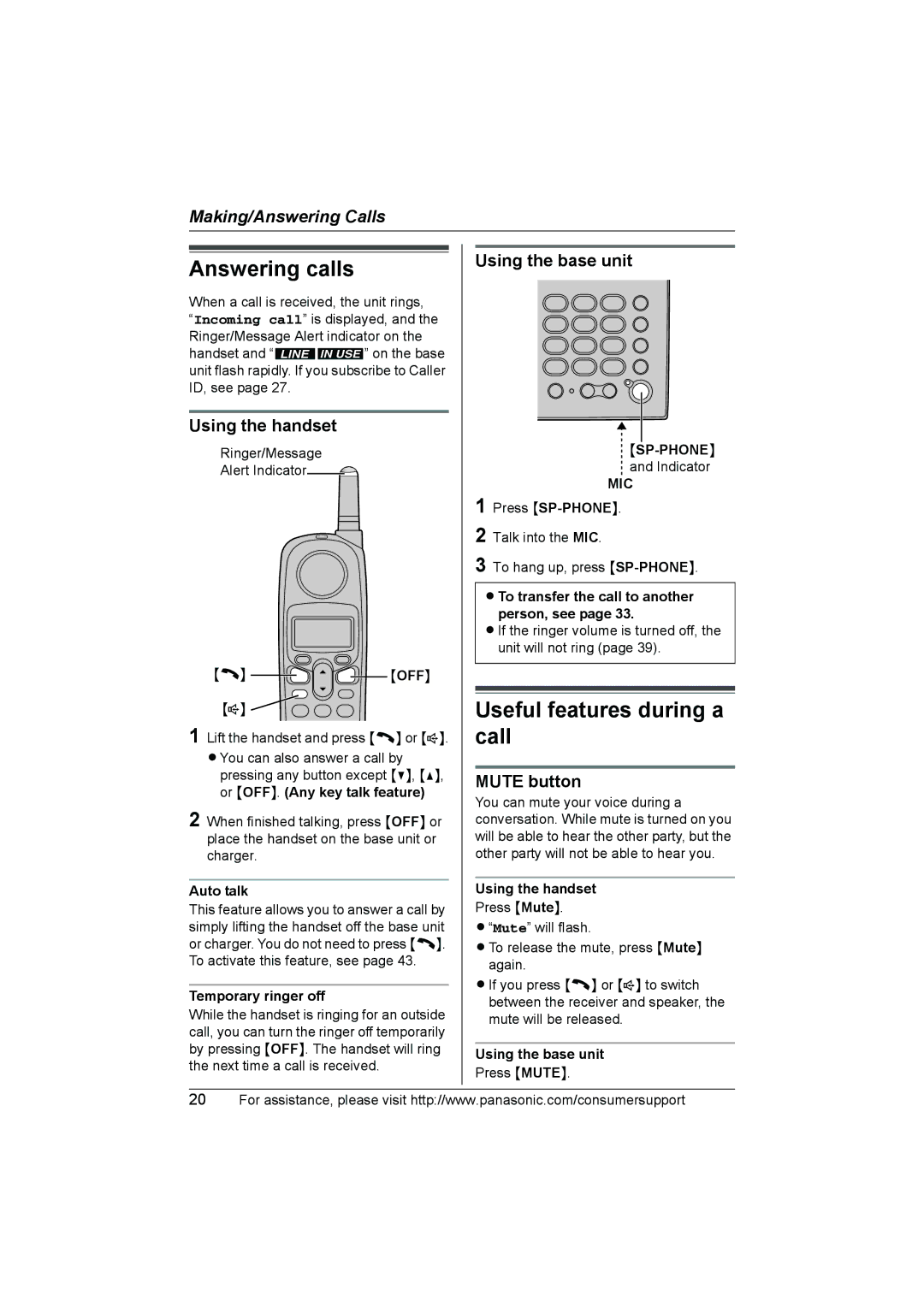 Panasonic KX-TG2388 operating instructions Answering calls, Useful features during a call, Using the handset, Mute button 