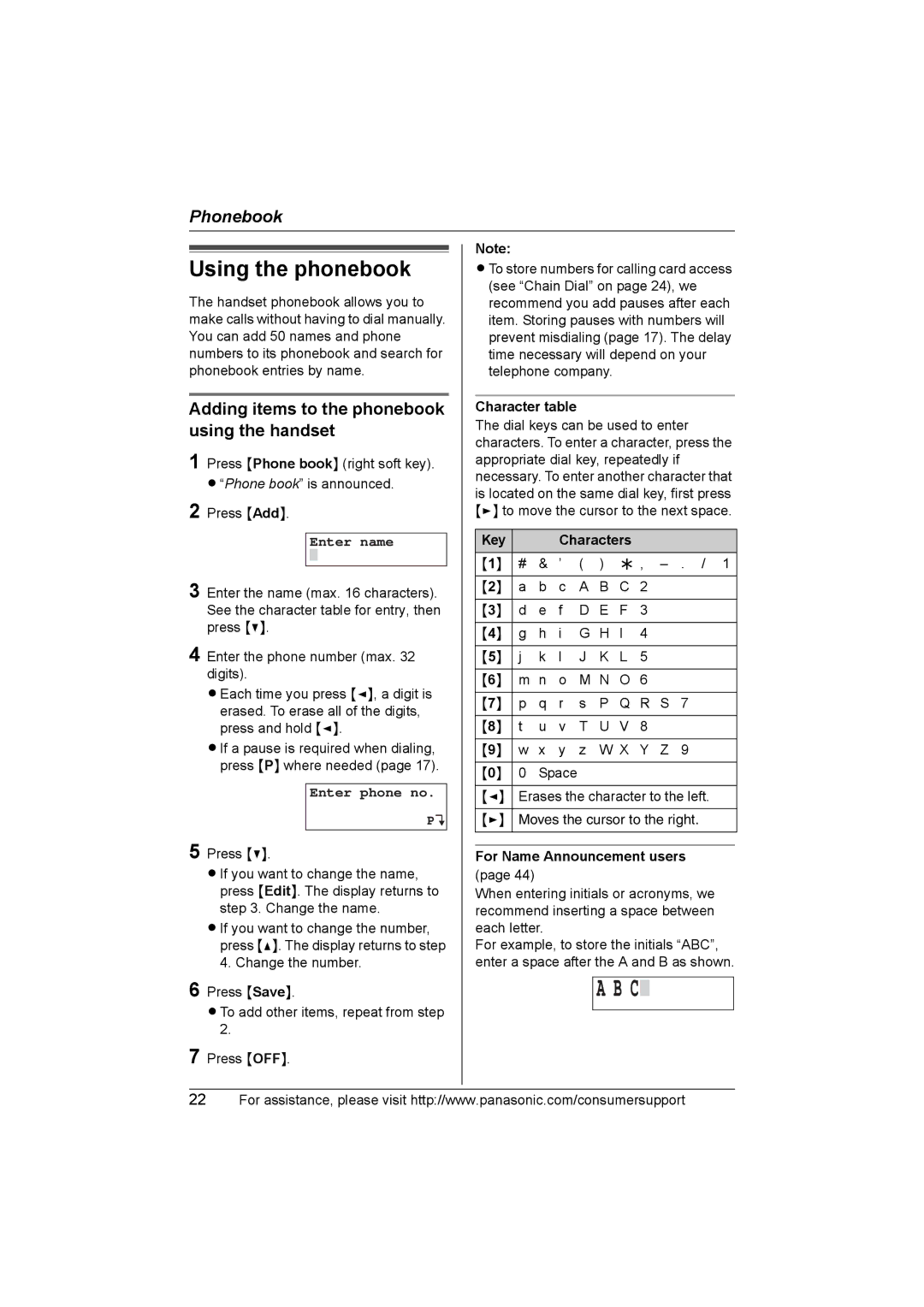 Panasonic KX-TG2388 Using the phonebook, Adding items to the phonebook using the handset, Enter name, Enter phone no 