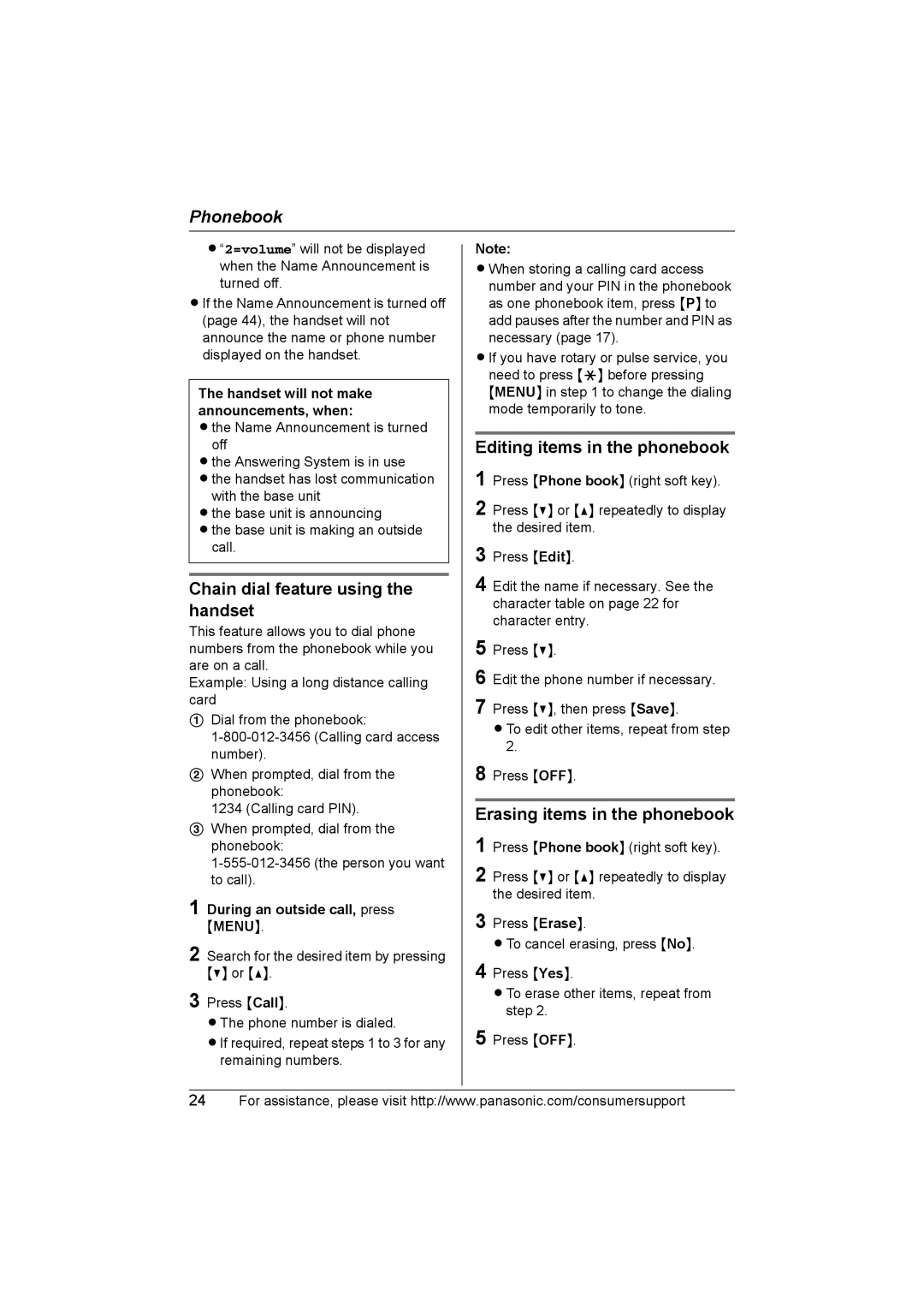 Panasonic KX-TG2388 Chain dial feature using the handset, Editing items in the phonebook, Erasing items in the phonebook 