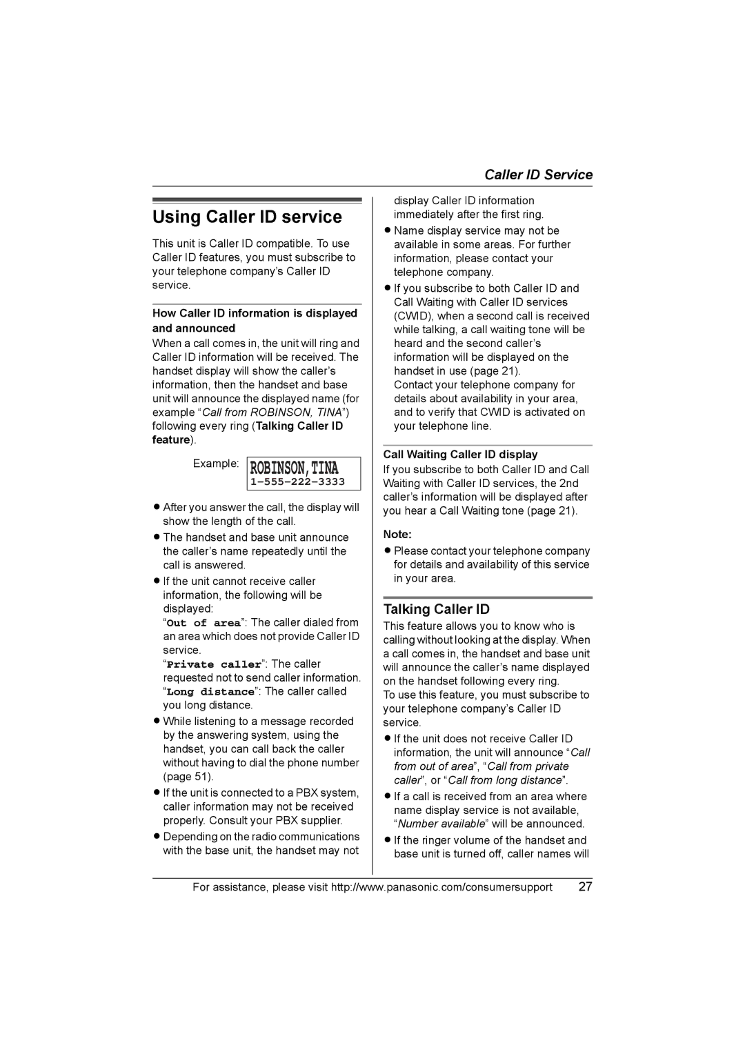 Panasonic KX-TG2388 Using Caller ID service, Talking Caller ID, How Caller ID information is displayed and announced 