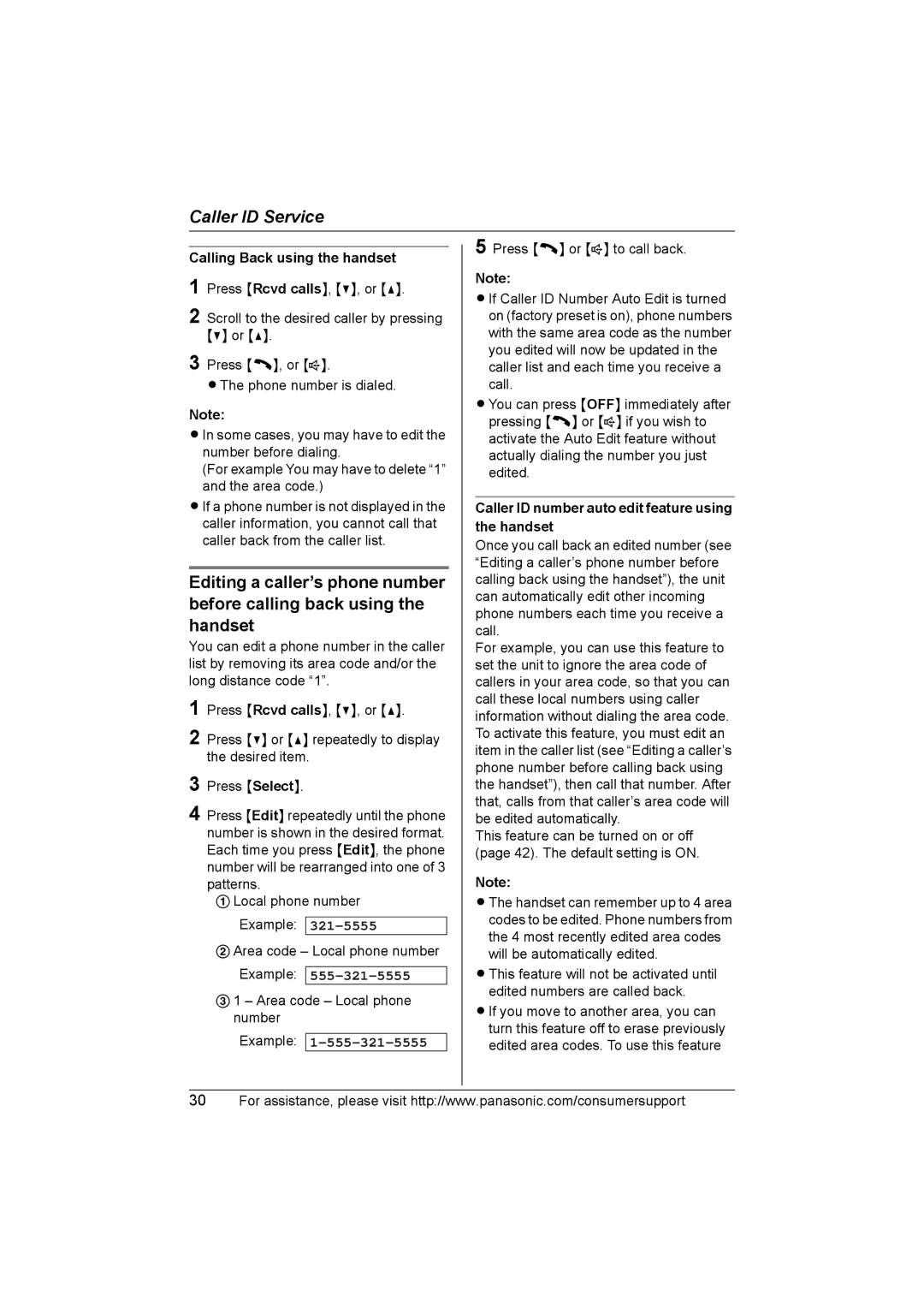 Panasonic KX-TG2388 Calling Back using the handset, Example, Caller ID number auto edit feature using the handset 