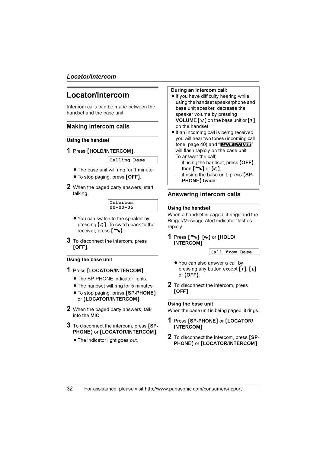 Panasonic KX-TG2388 operating instructions Locator/Intercom, Making intercom calls, Answering intercom calls 