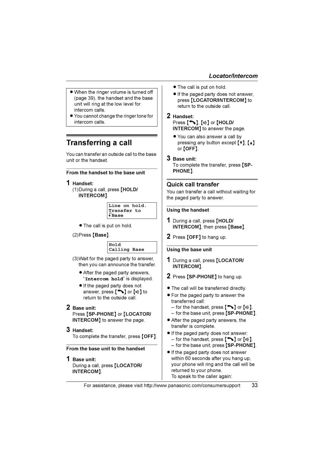Panasonic KX-TG2388 Transferring a call, Quick call transfer, Line on hold Transfer to Base, Hold Calling Base 