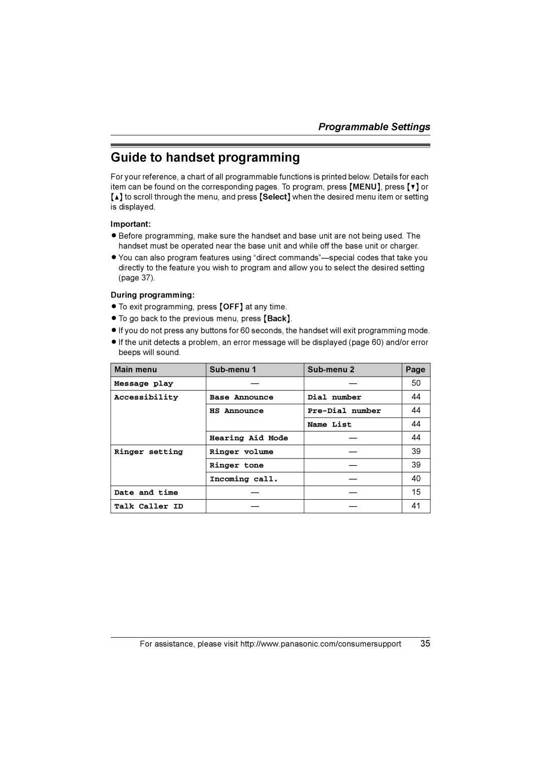 Panasonic KX-TG2388 operating instructions Guide to handset programming, During programming, Main menu Sub-menu 