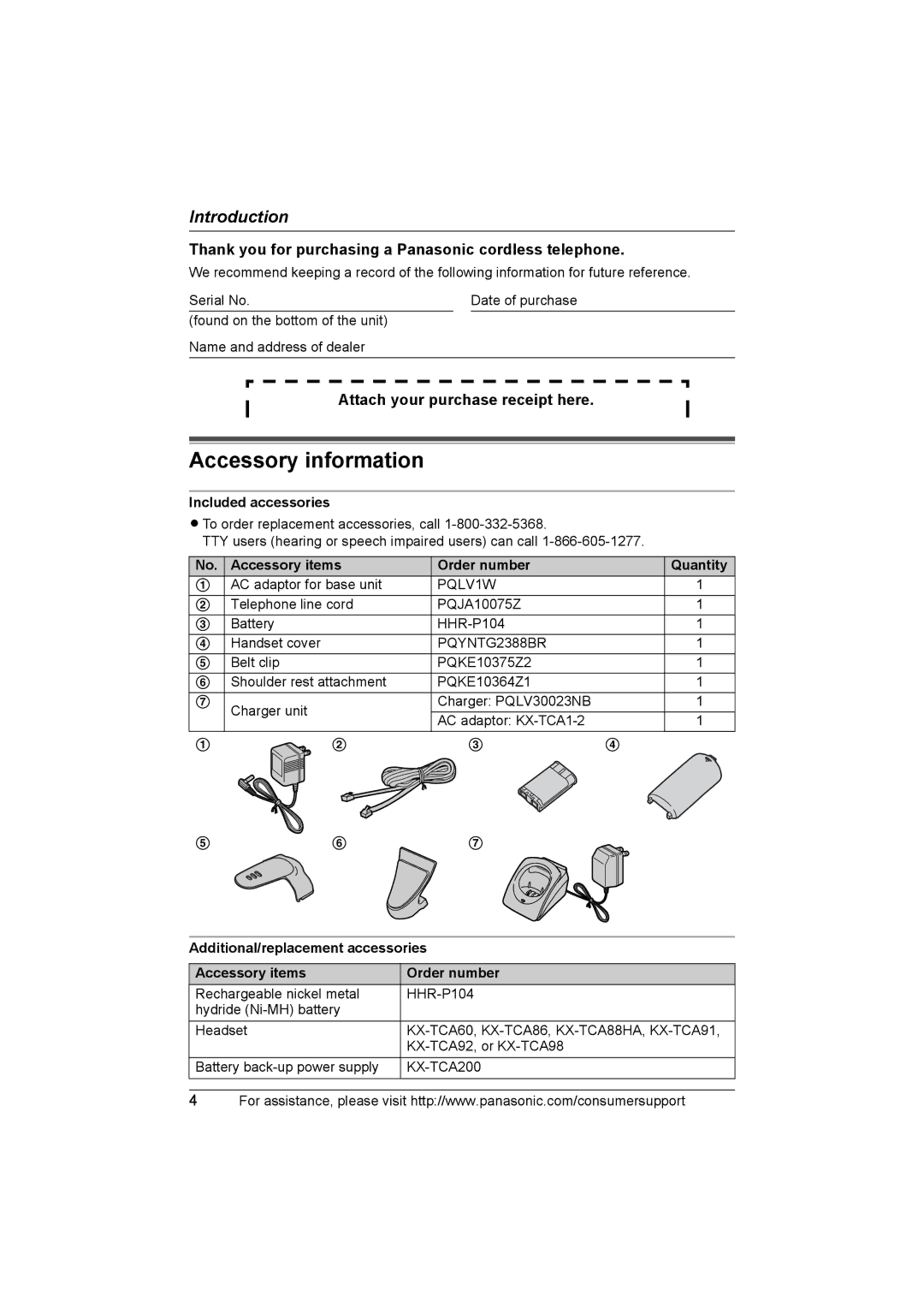 Panasonic KX-TG2388 Accessory information, Included accessories, Accessory items Order number Quantity 