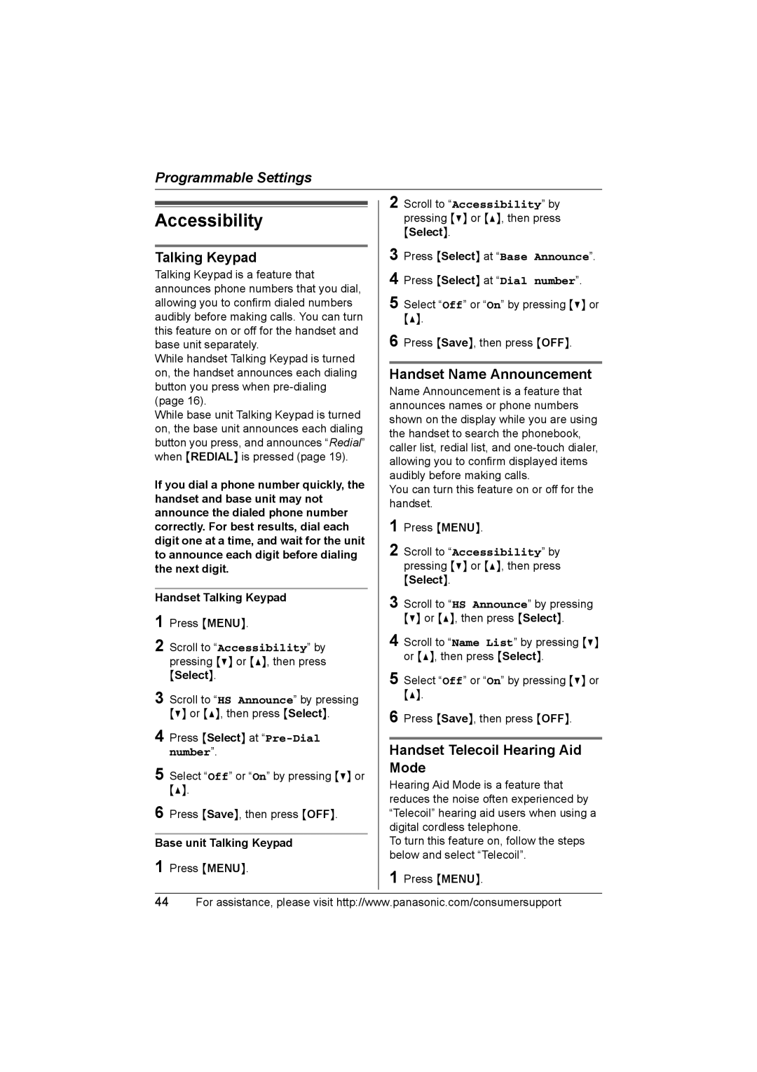 Panasonic KX-TG2388 Accessibility, Talking Keypad, Handset Name Announcement, Handset Telecoil Hearing Aid Mode, Number 