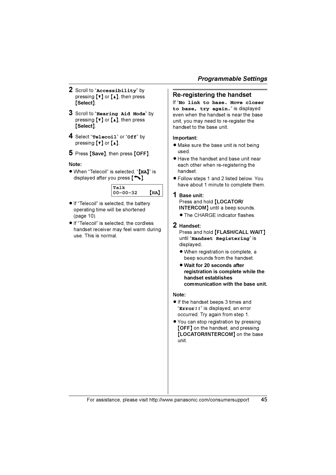 Panasonic KX-TG2388 operating instructions Re-registering the handset, Talk 00-00-32 HA 