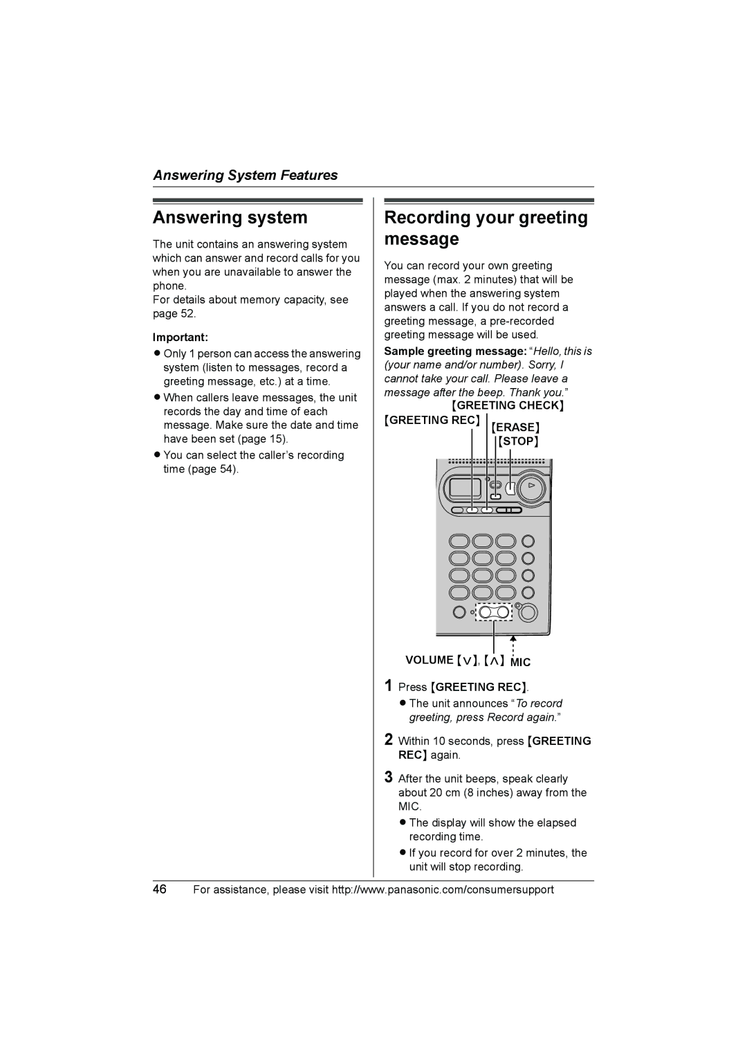 Panasonic KX-TG2388 Answering system, Recording your greeting message, Volume , MIC Press Greeting REC 