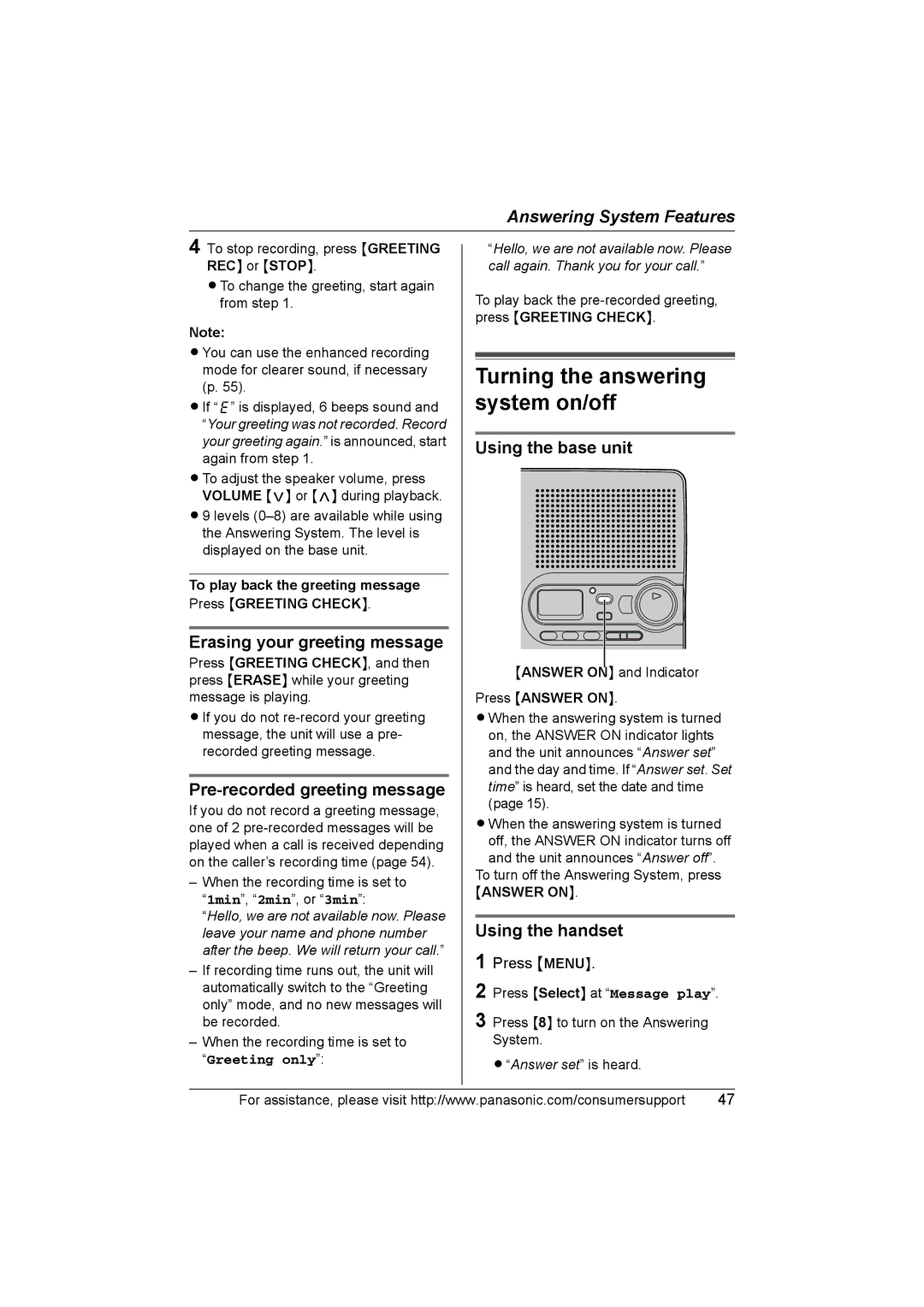 Panasonic KX-TG2388 operating instructions Erasing your greeting message, Pre-recorded greeting message 