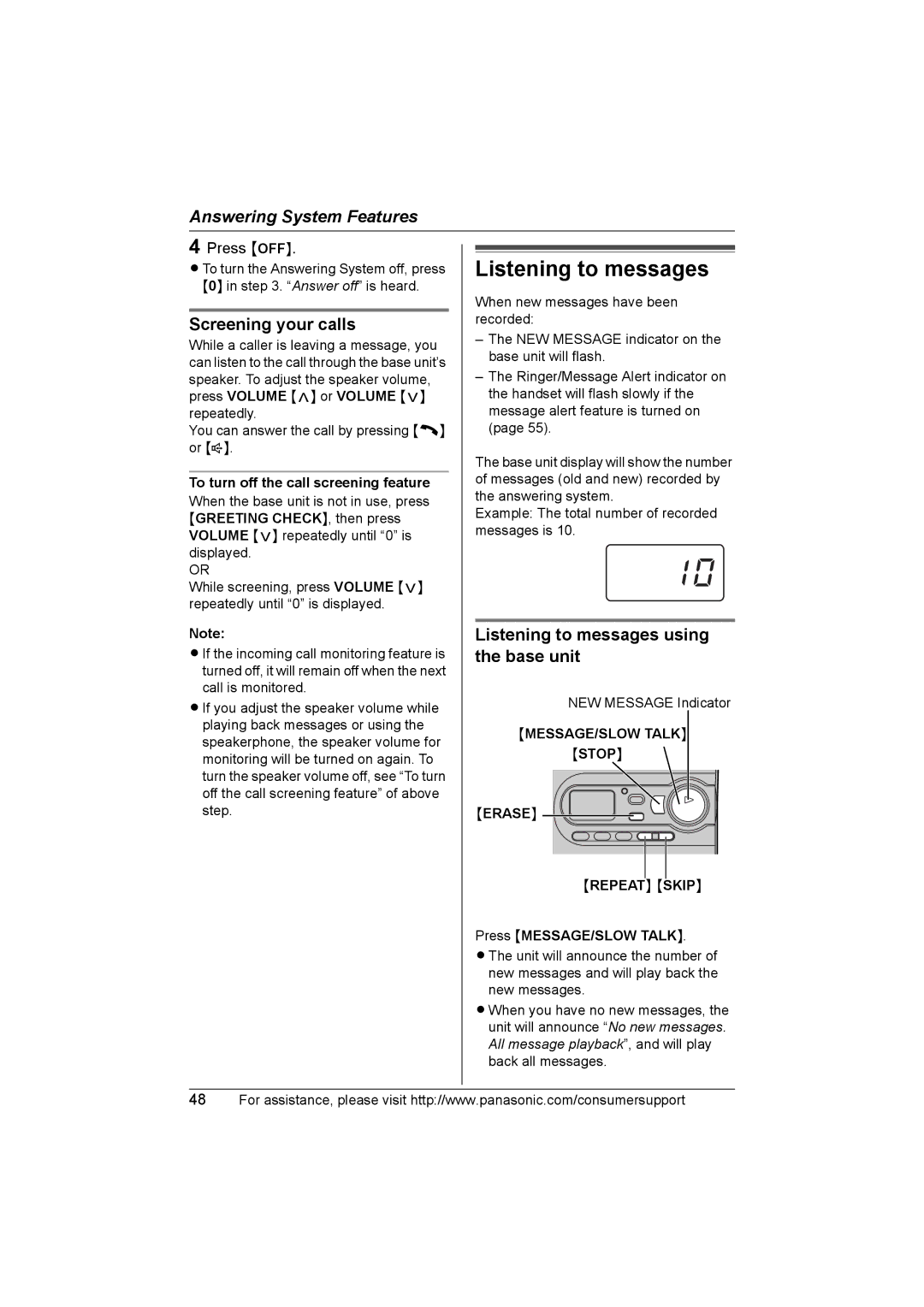 Panasonic KX-TG2388 Screening your calls, Listening to messages using the base unit, Press MESSAGE/SLOW Talk 