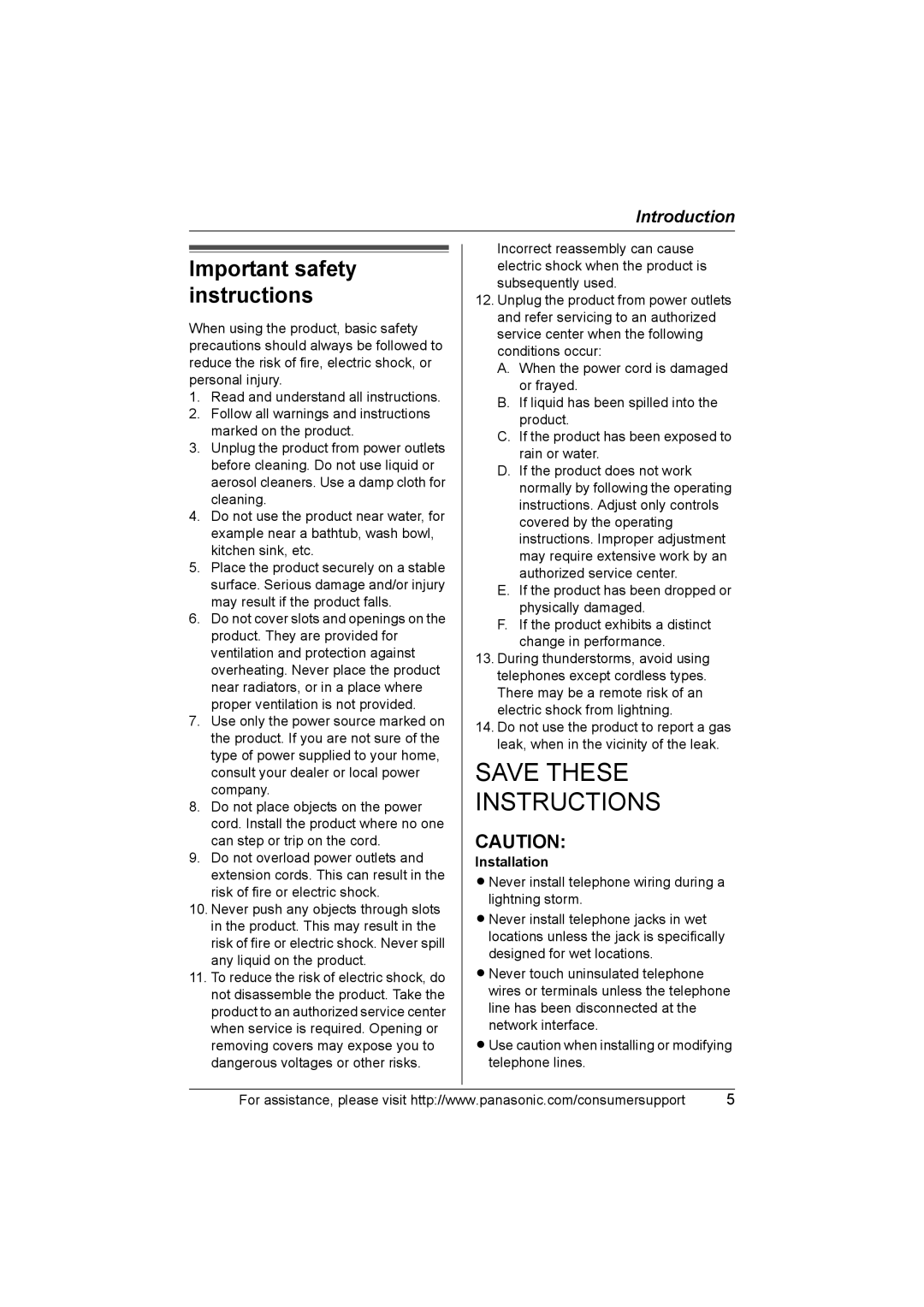 Panasonic KX-TG2388 operating instructions Important safety instructions, Installation 